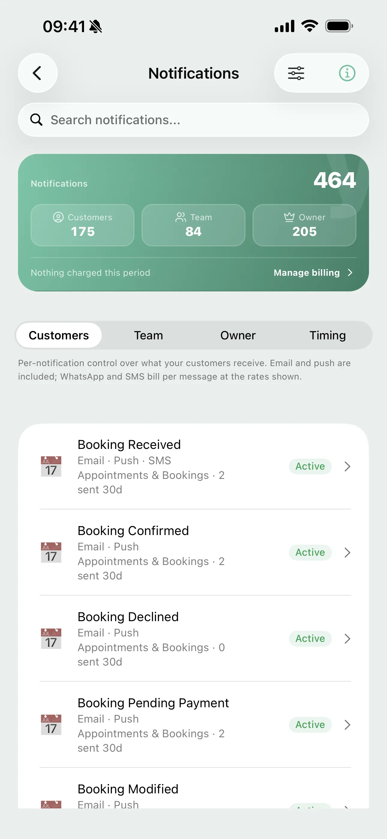 The notification catalogue on the Youzse mobile app