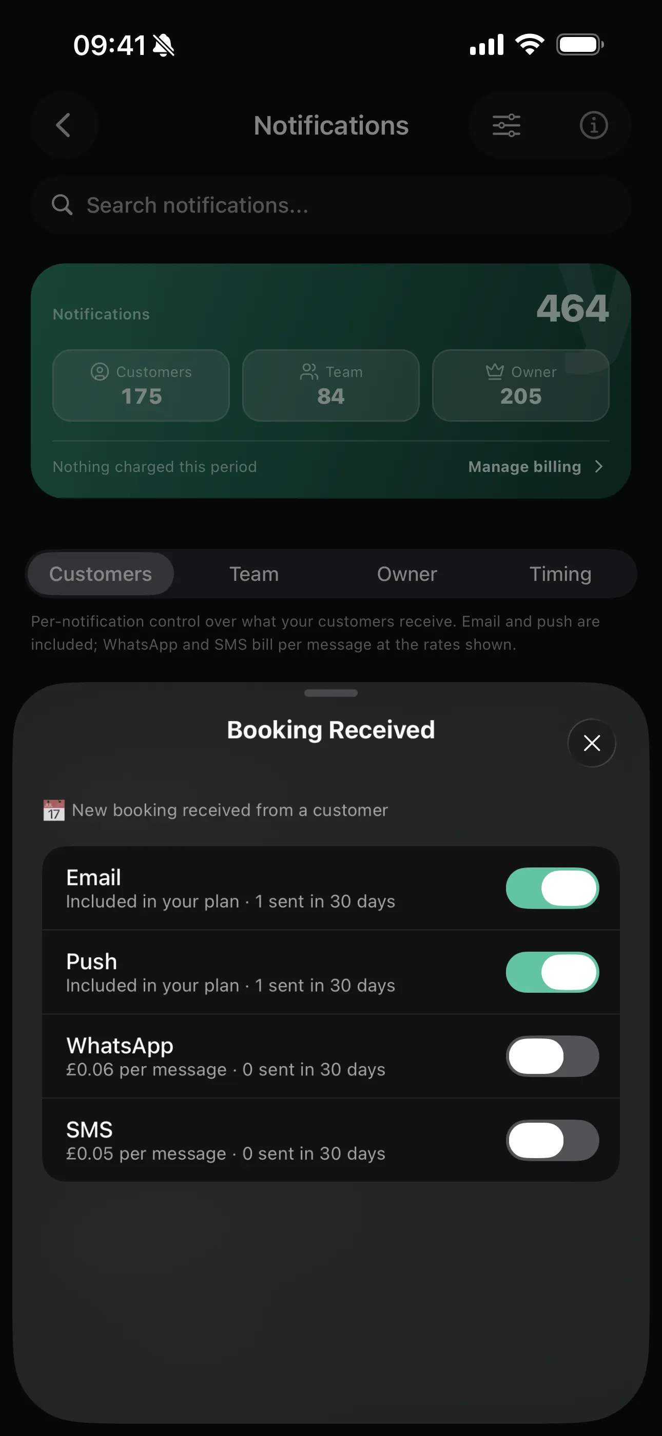 Choosing email, push, WhatsApp and SMS for a notification on the Youzse mobile app