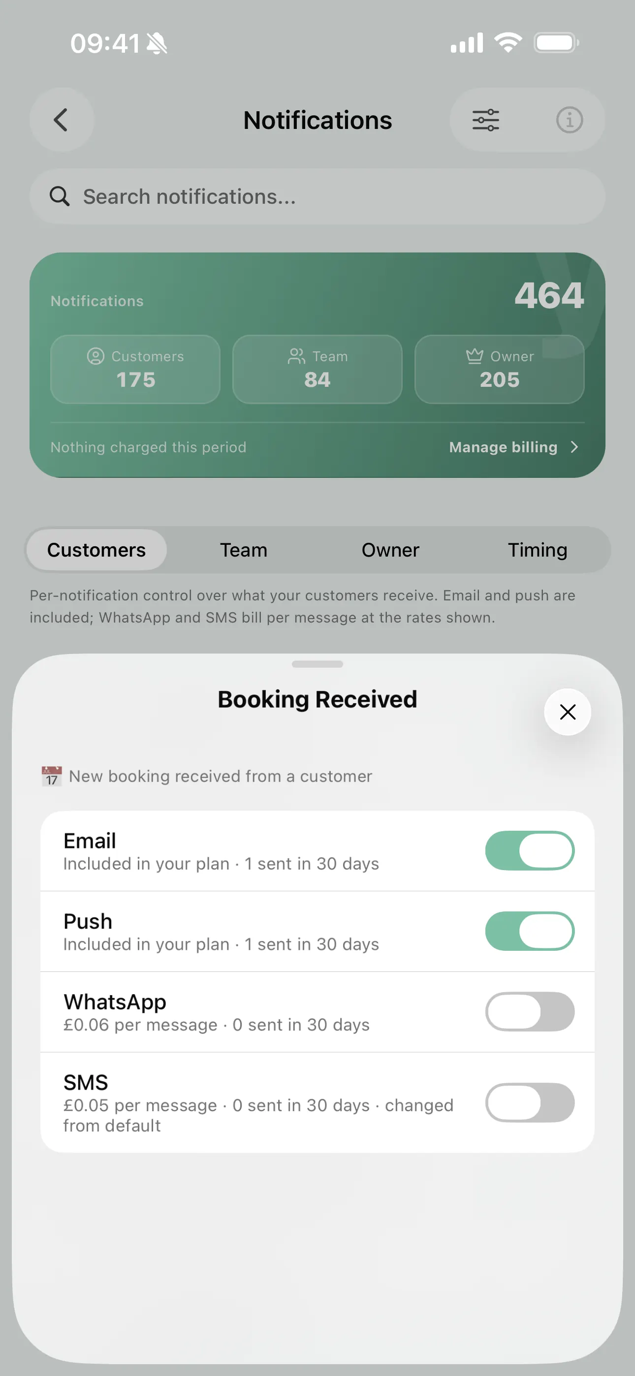 Choosing email, push, WhatsApp and SMS for a notification on the Youzse mobile app