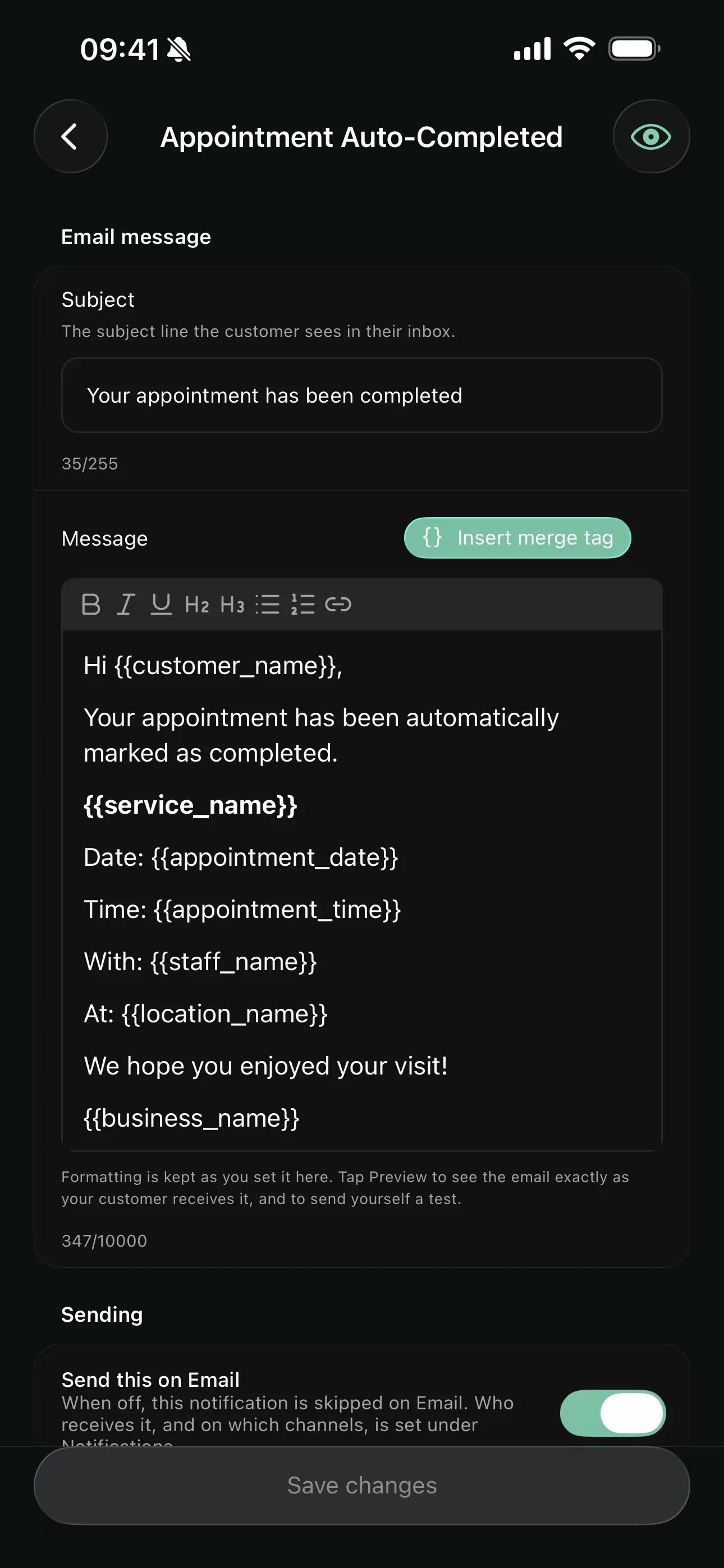 Editing a template with merge tags on the Youzse mobile app