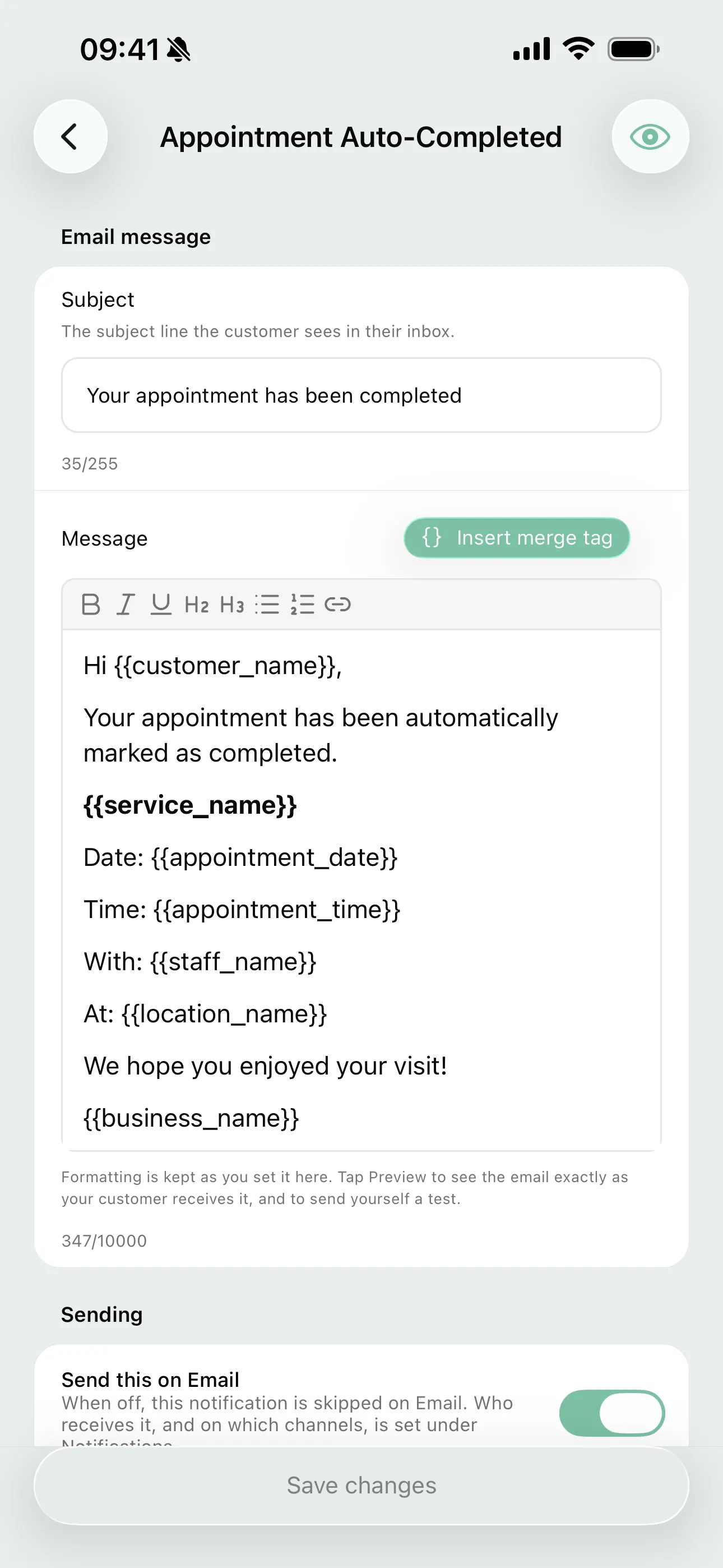 Editing a template with merge tags on the Youzse mobile app