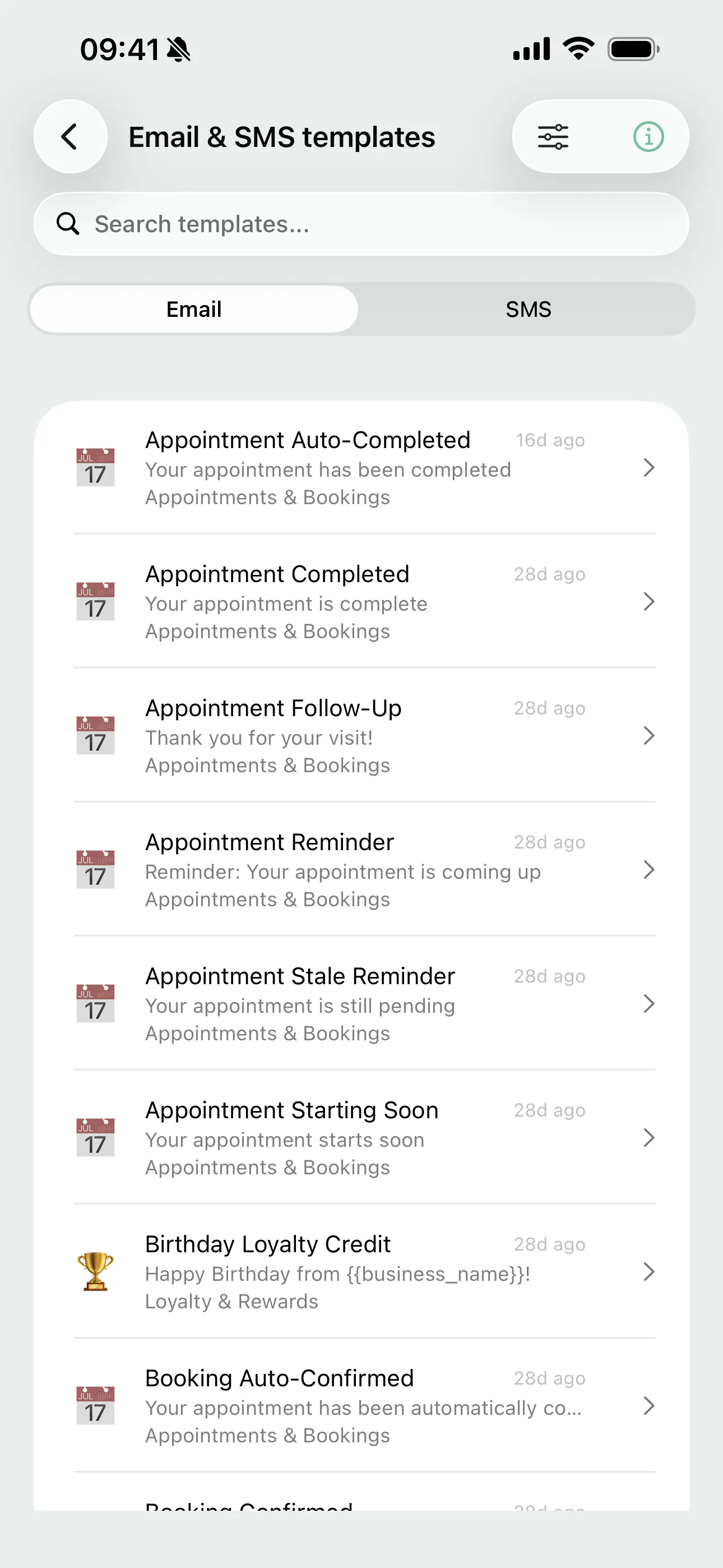 Email and SMS templates on the Youzse mobile app