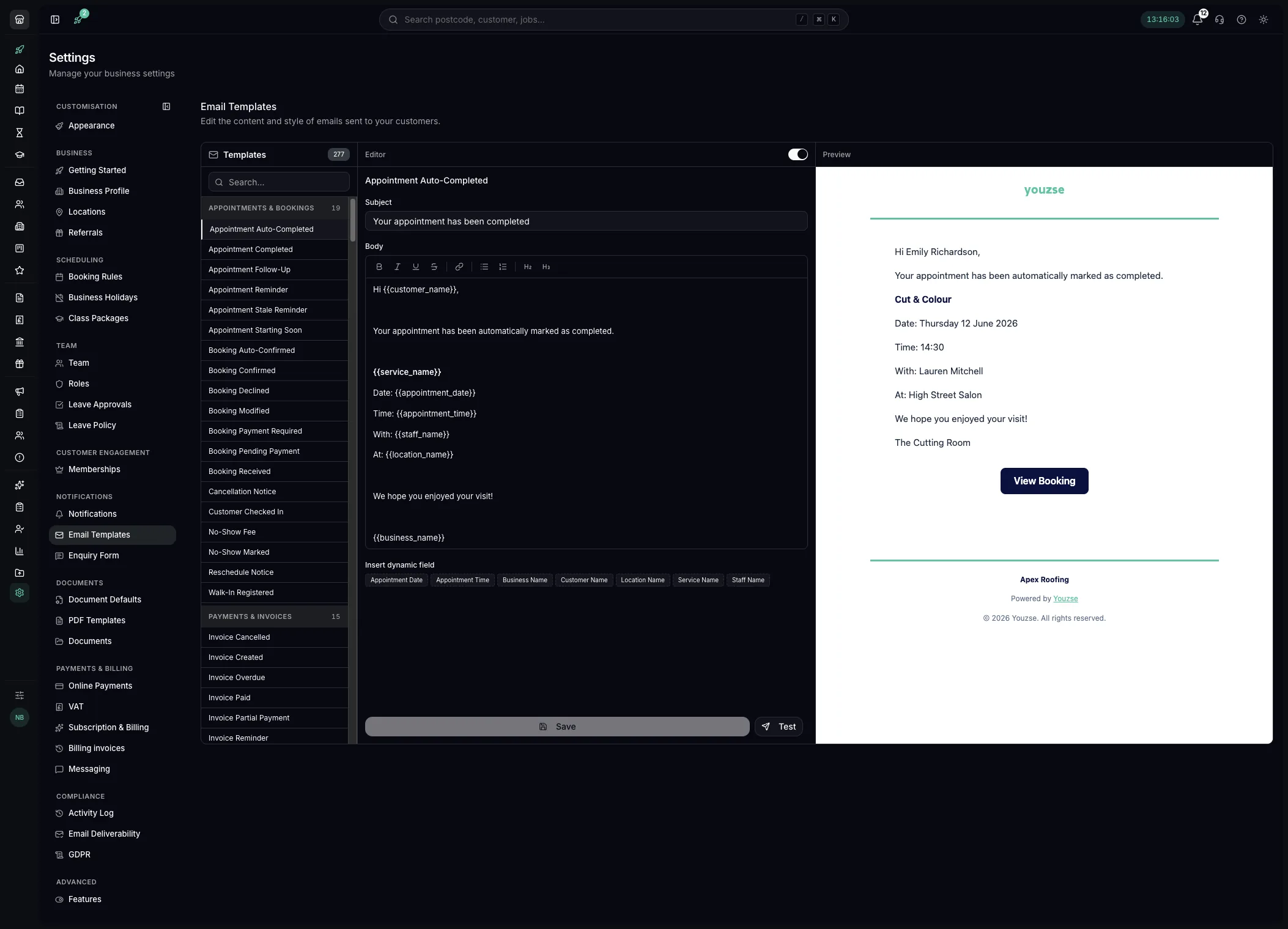 Editing a notification template with merge tags and a live preview