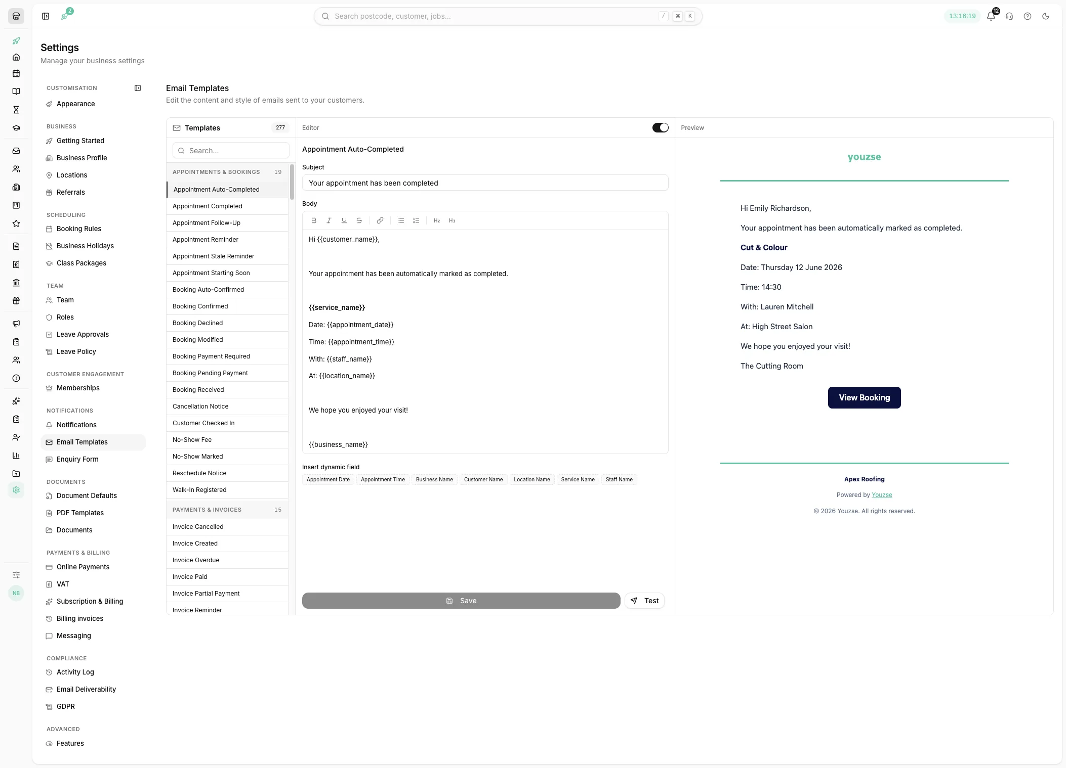 Editing a notification template with merge tags and a live preview