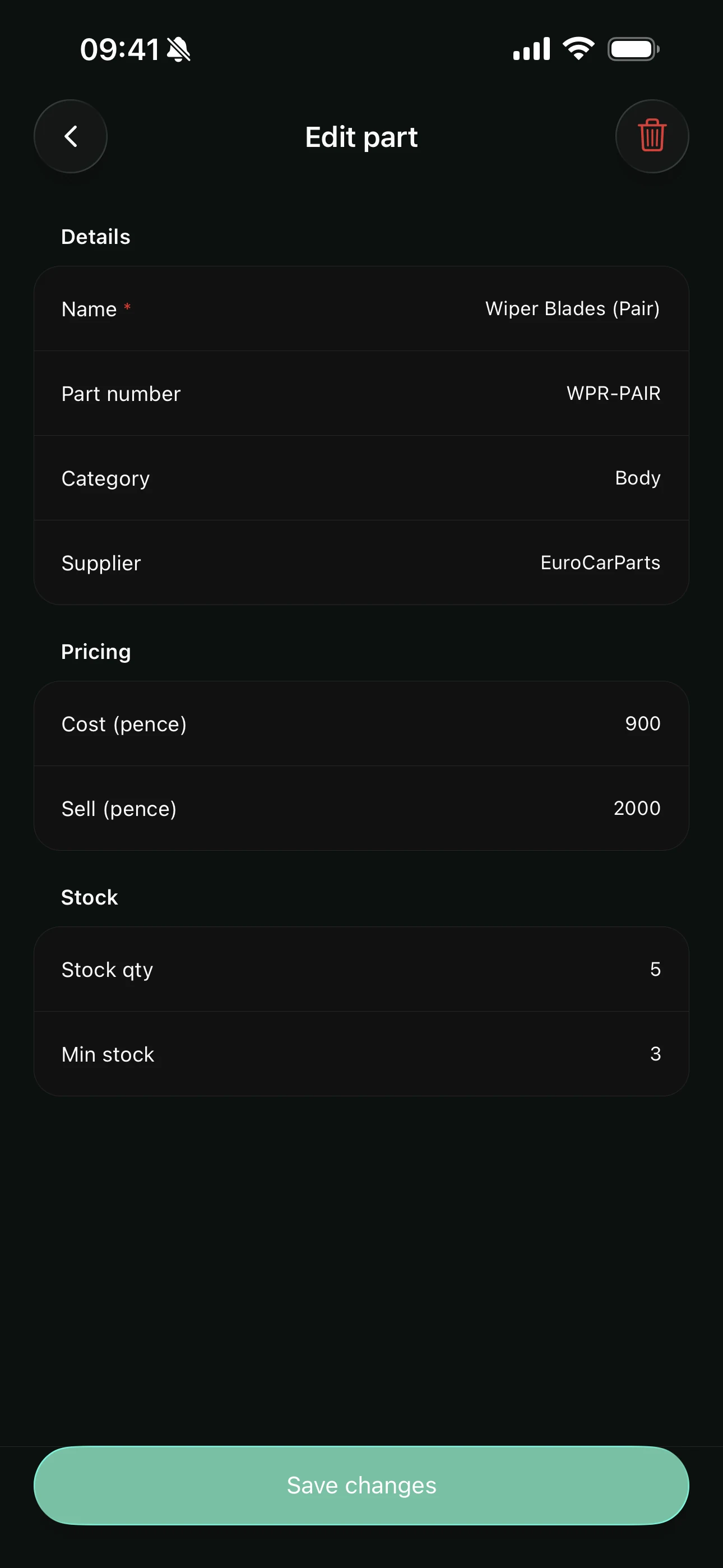 Editing a part on the Youzse mobile app, with its part number, category, supplier, cost against sell price and its stock quantity against a minimum