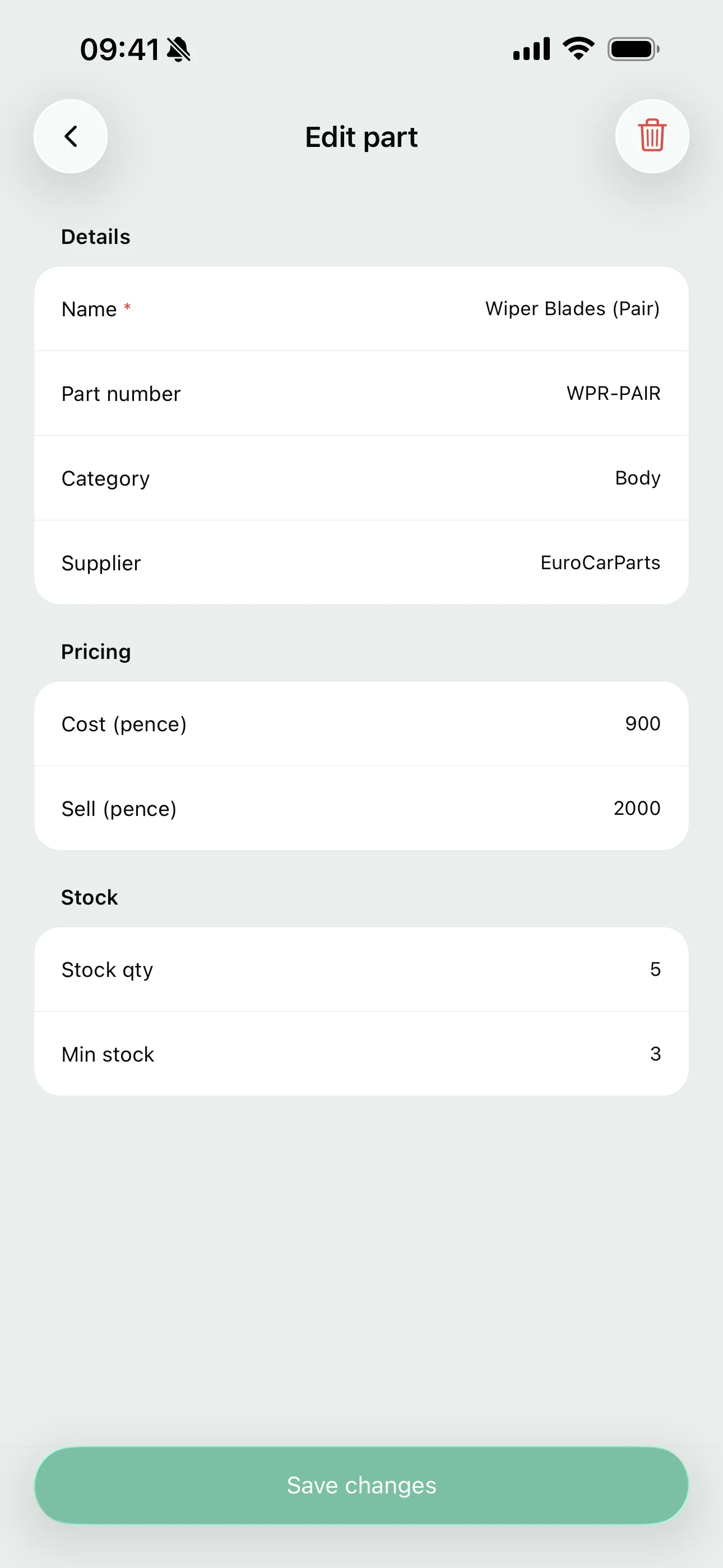 Editing a part on the Youzse mobile app, with its part number, category, supplier, cost against sell price and its stock quantity against a minimum