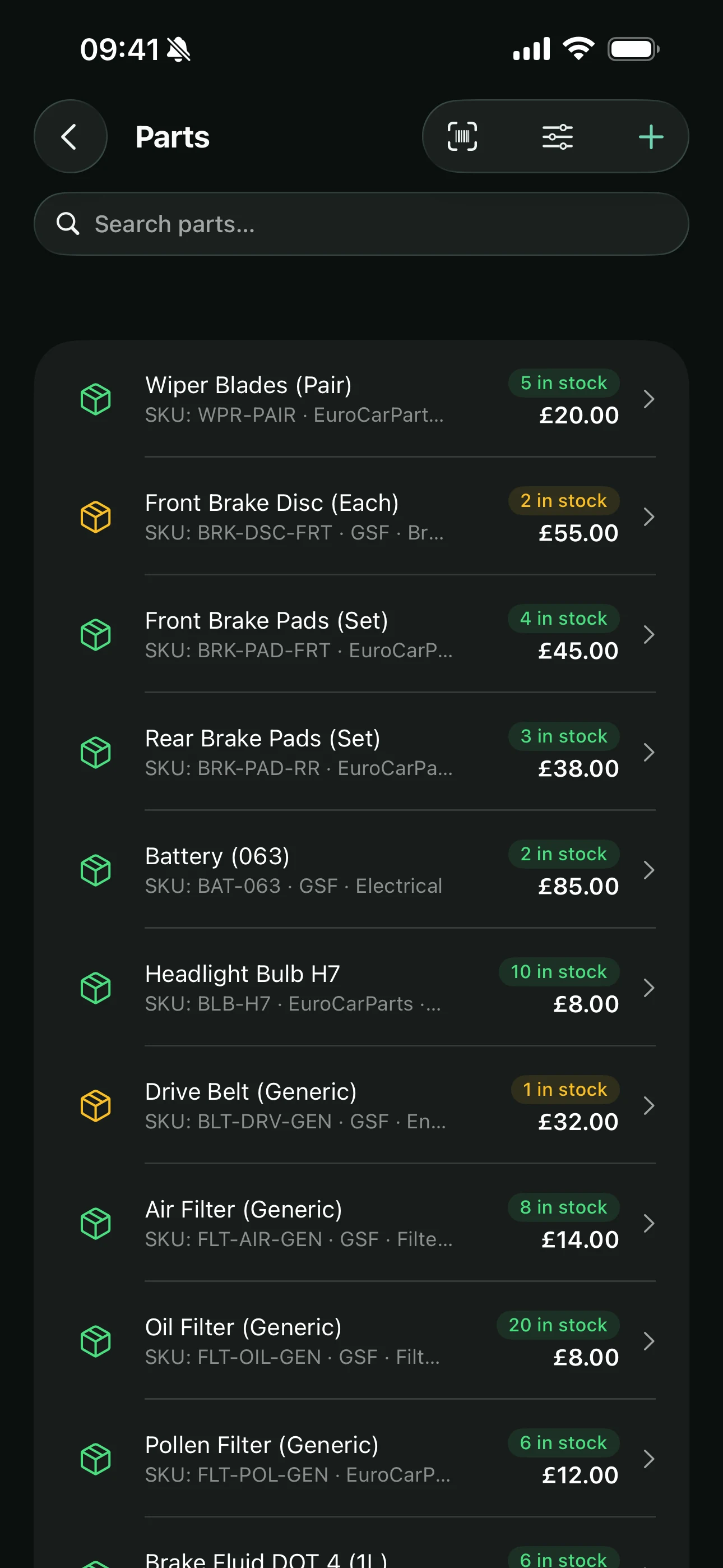 The parts catalogue on the Youzse mobile app, each part with its SKU, supplier, stock level and sell price, and the ones at their minimum flagged amber