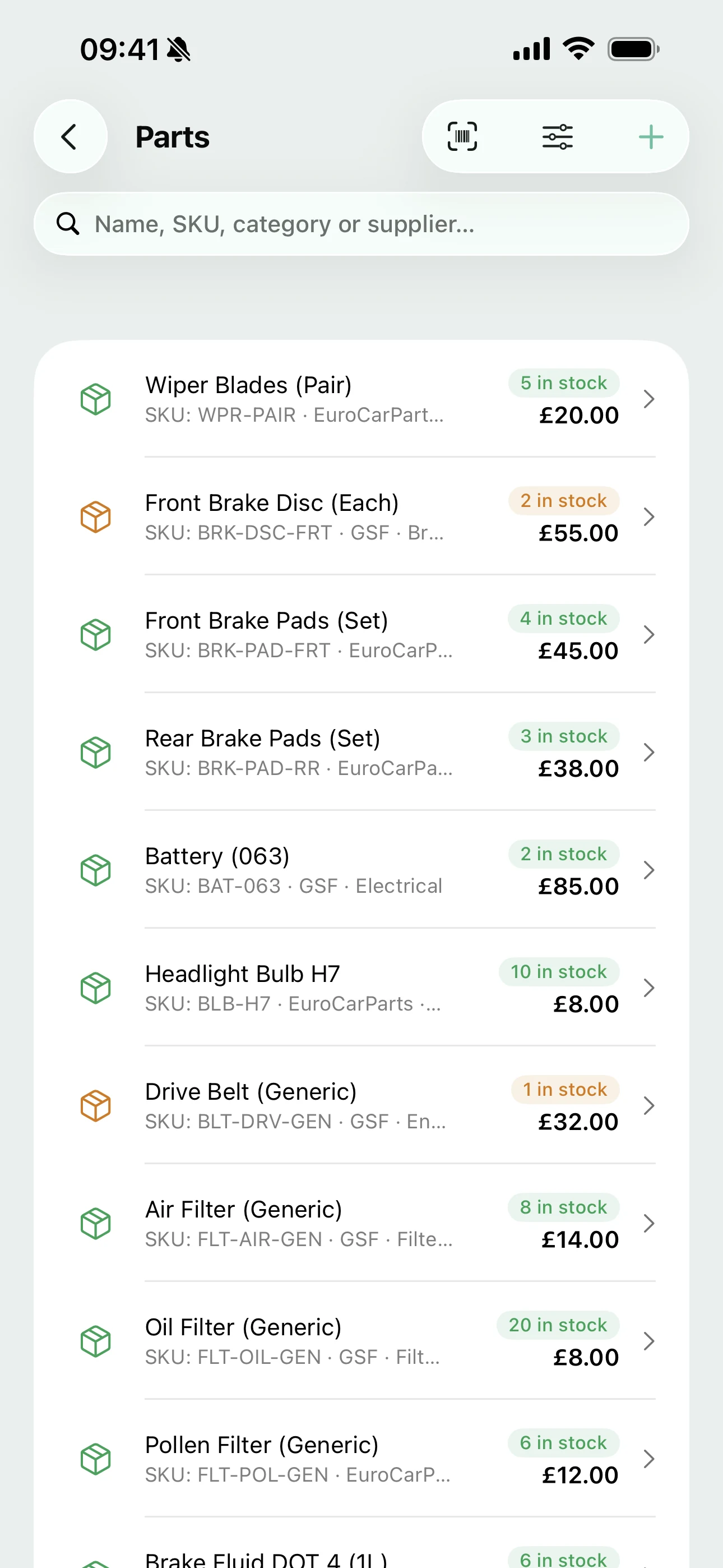 The parts catalogue on the Youzse mobile app, each part with its SKU, supplier, stock level and sell price, and the ones at their minimum flagged amber