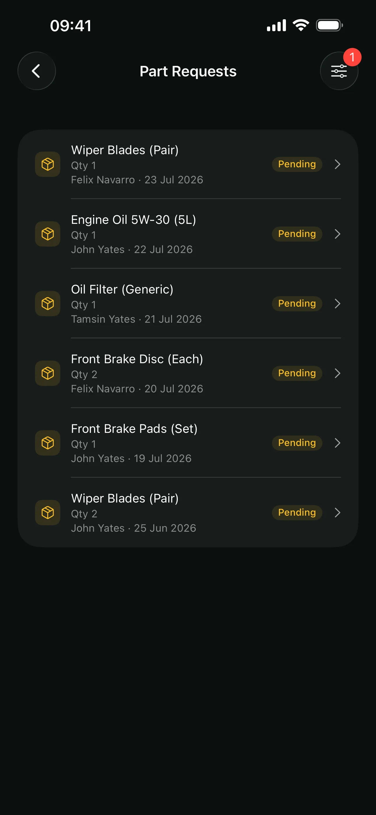 The part request queue on the Youzse mobile app, each request showing its quantity, who raised it and where it has got to