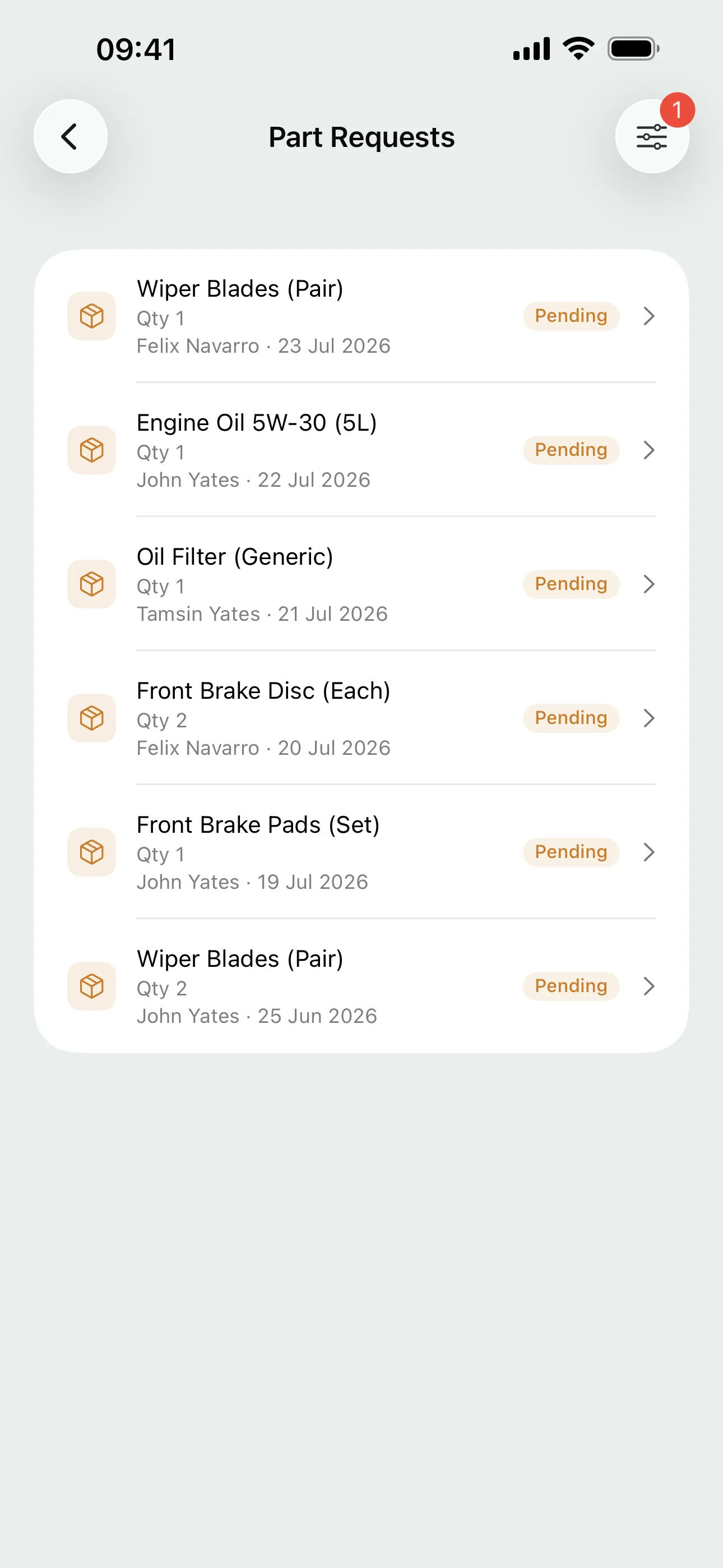 The part request queue on the Youzse mobile app, each request showing its quantity, who raised it and where it has got to