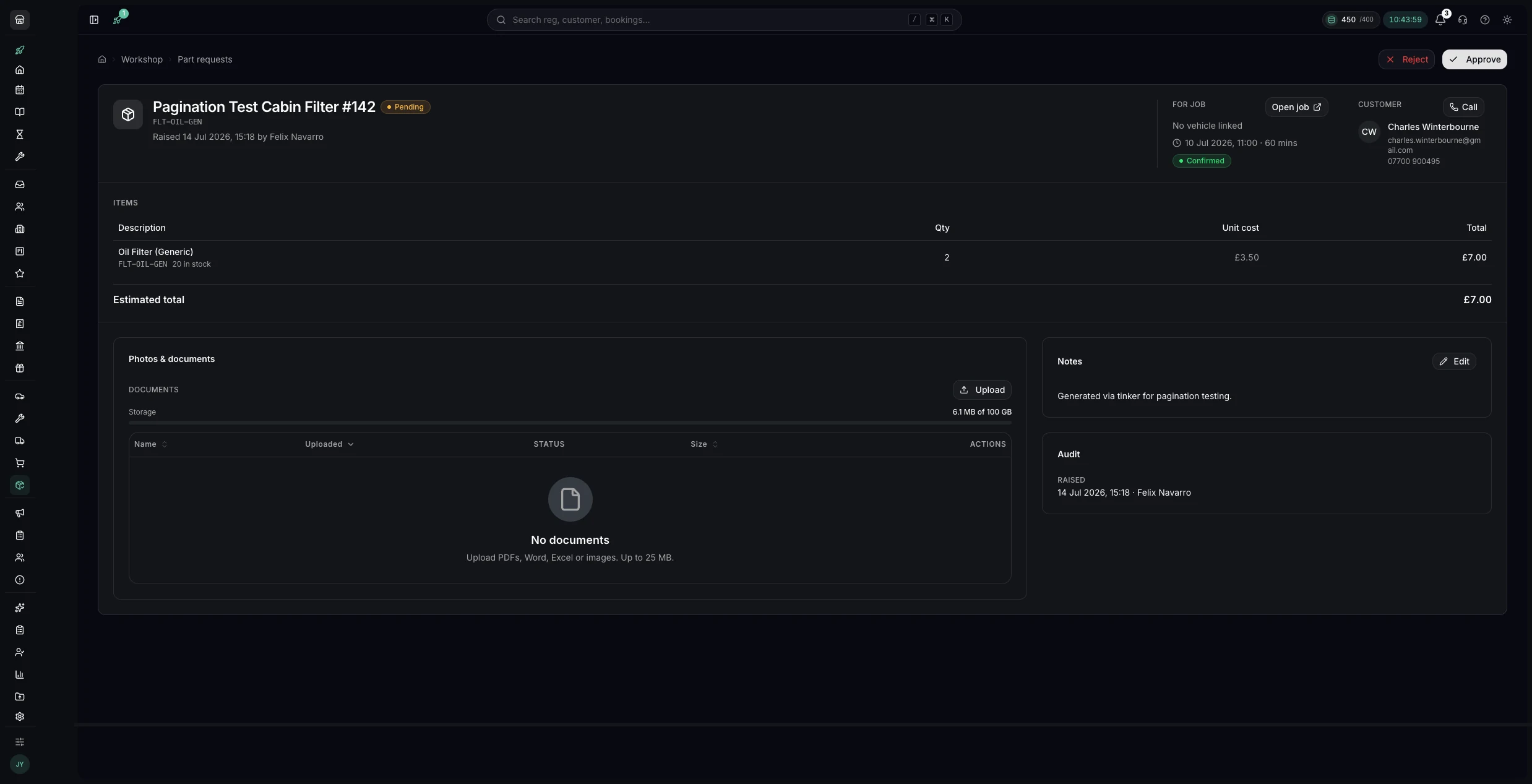 A part request in Youzse with its job, customer, items and approval buttons