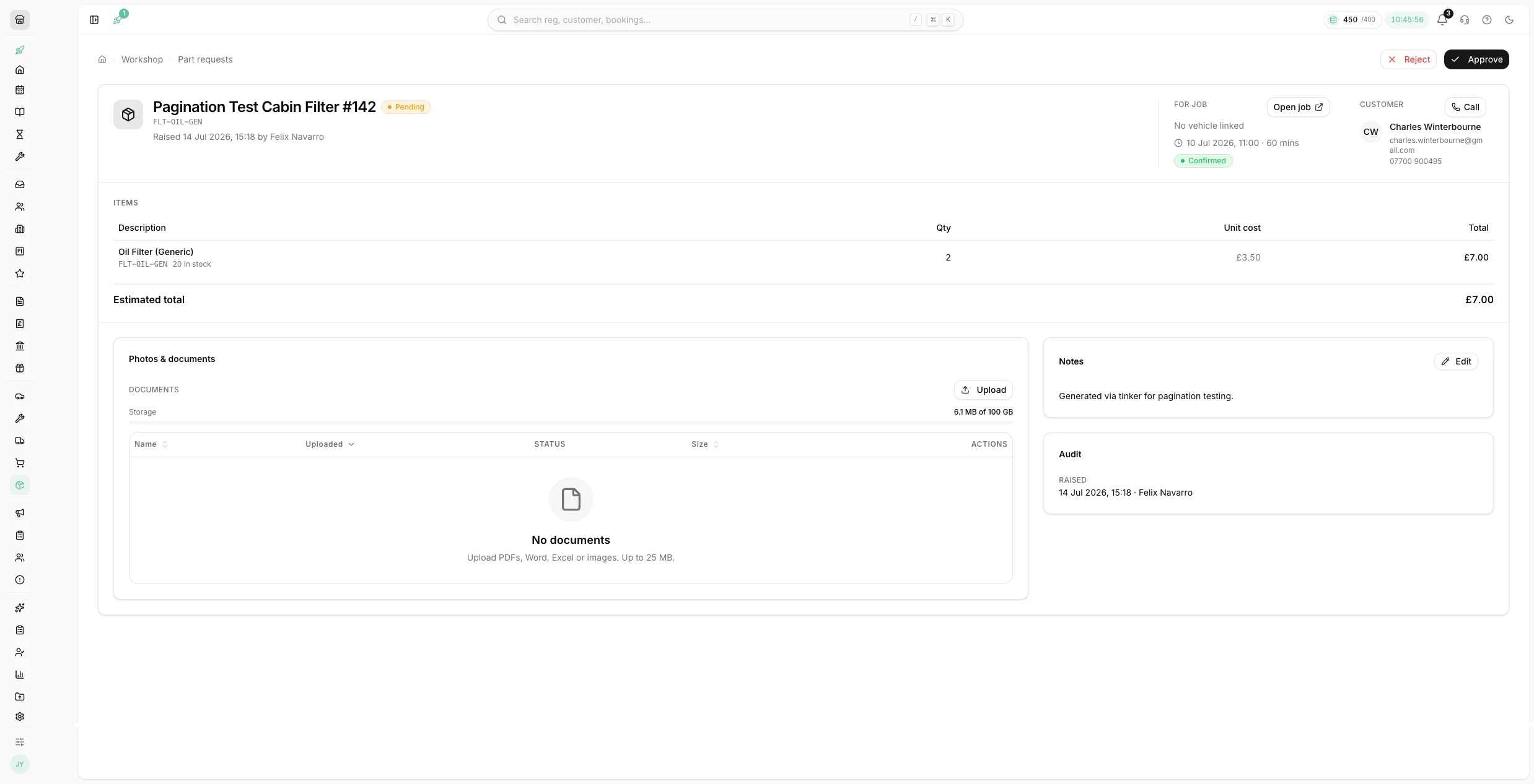 A part request in Youzse with its job, customer, items and approval buttons