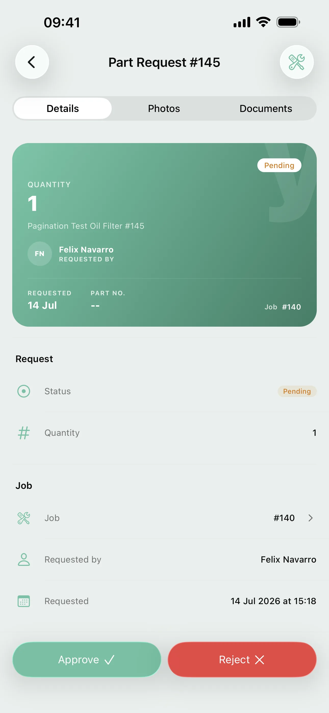 A part request on the Youzse mobile app, with its job, who raised it and Approve and Reject a thumb away
