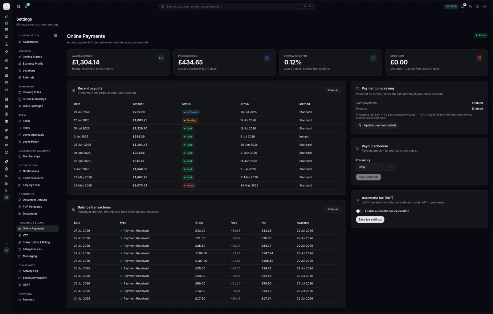 Online payments settings with balances, payouts and Stripe fees