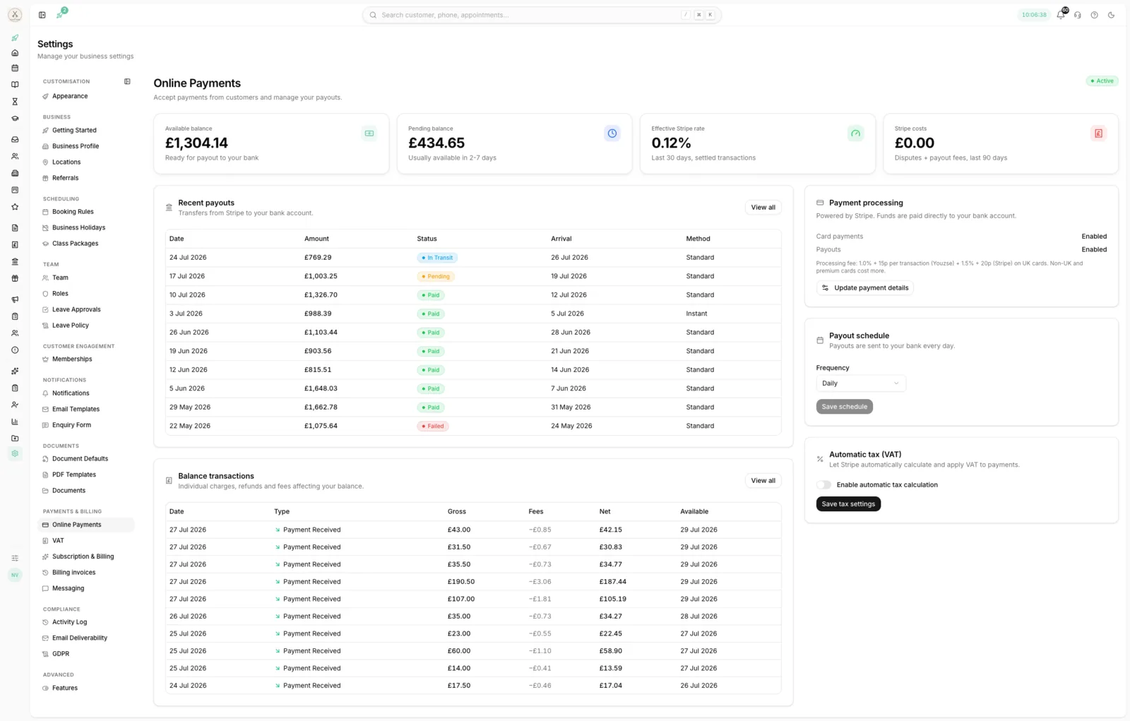 Online payments settings with balances, payouts and Stripe fees