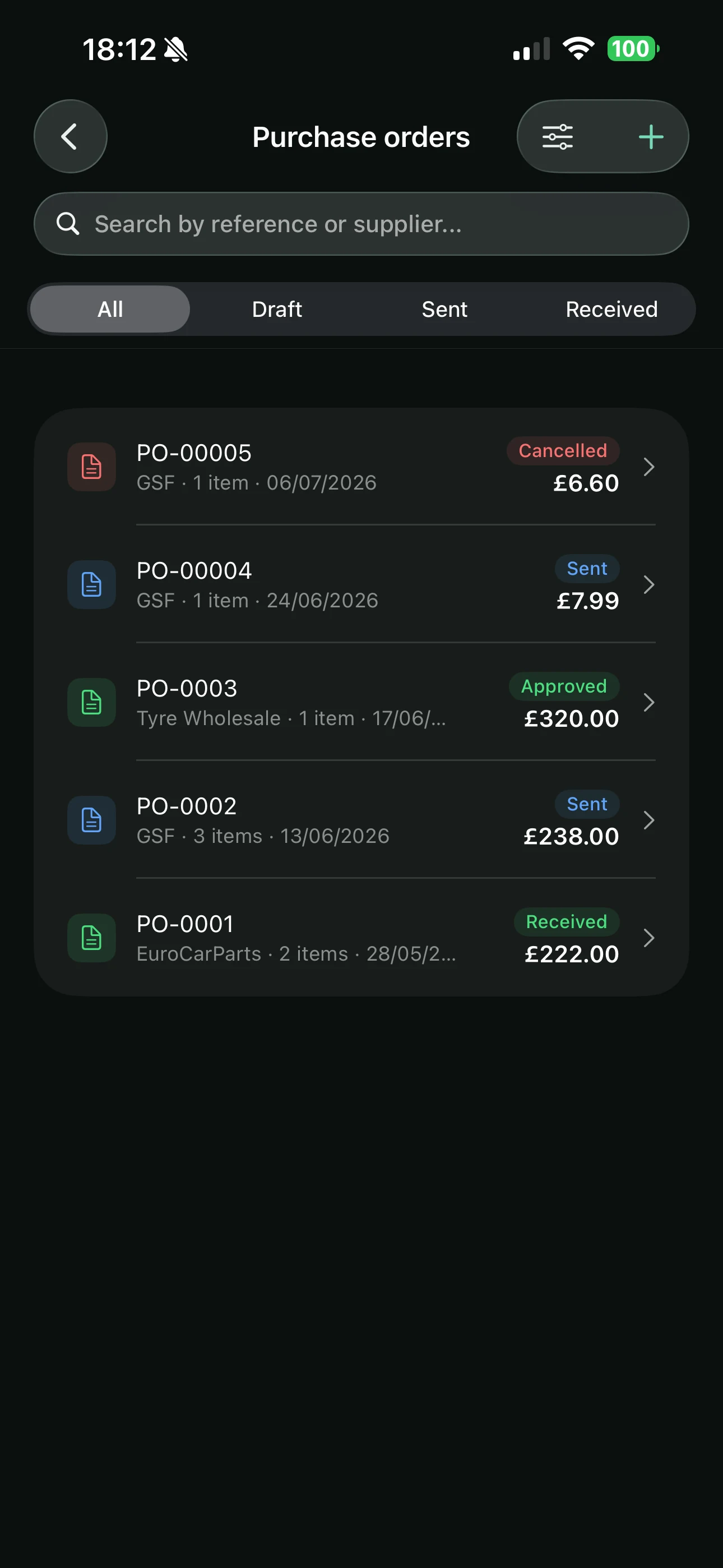 Purchase orders on the Youzse mobile app filtered by draft, sent and received, each with its supplier, item count, status and total