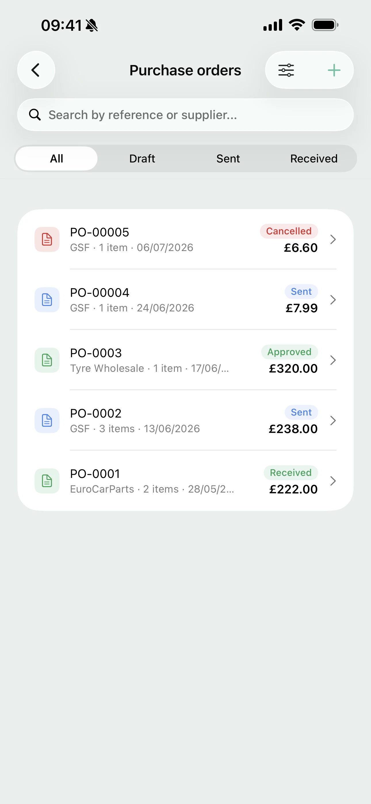Purchase orders on the Youzse mobile app filtered by draft, sent and received, each with its supplier, item count, status and total