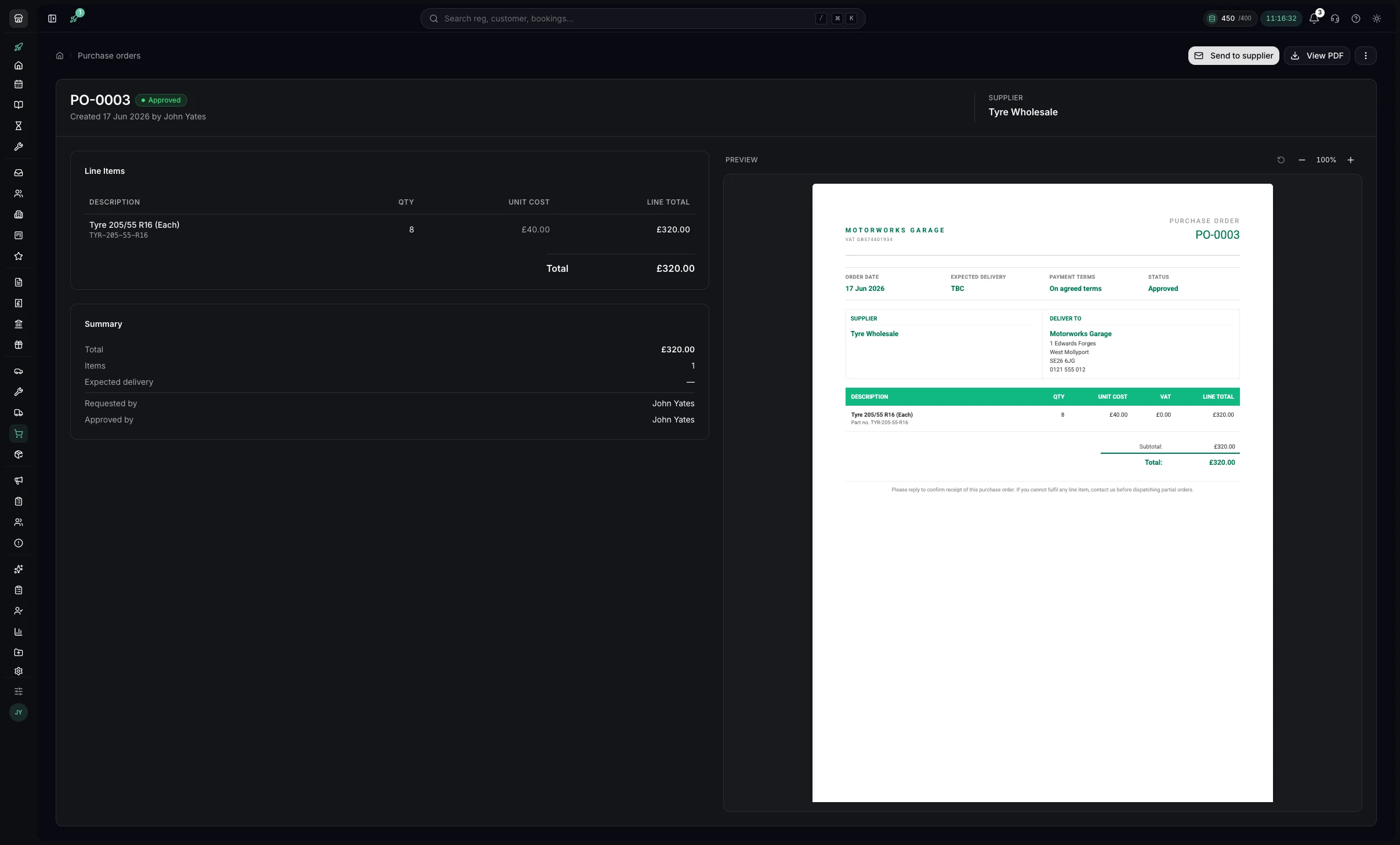 An approved purchase order in Youzse with costed lines and the supplier PDF preview