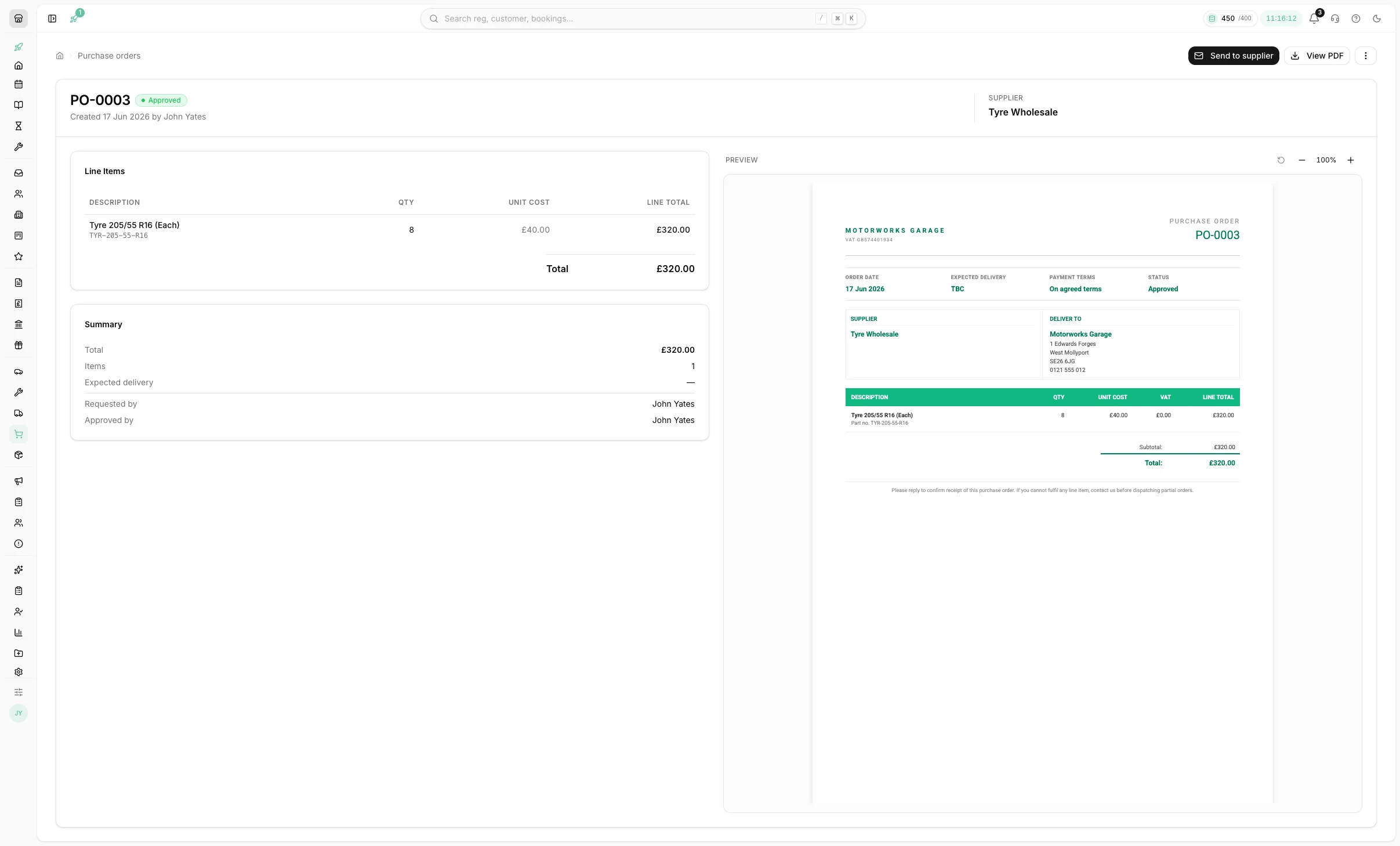 An approved purchase order in Youzse with costed lines and the supplier PDF preview
