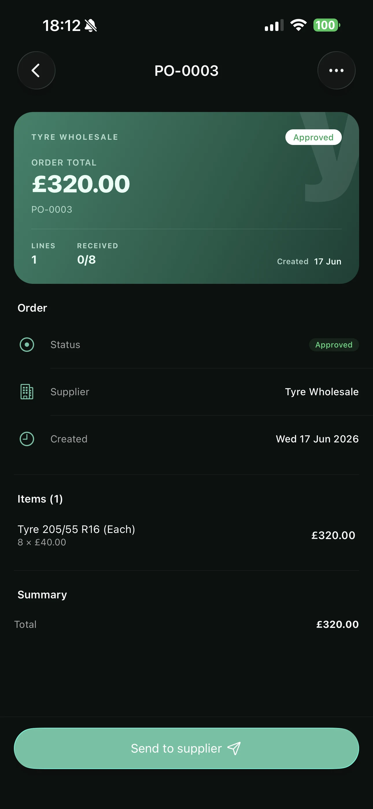 An approved purchase order on the Youzse mobile app for eight tyres at £320.00, none received yet, with a send to supplier button