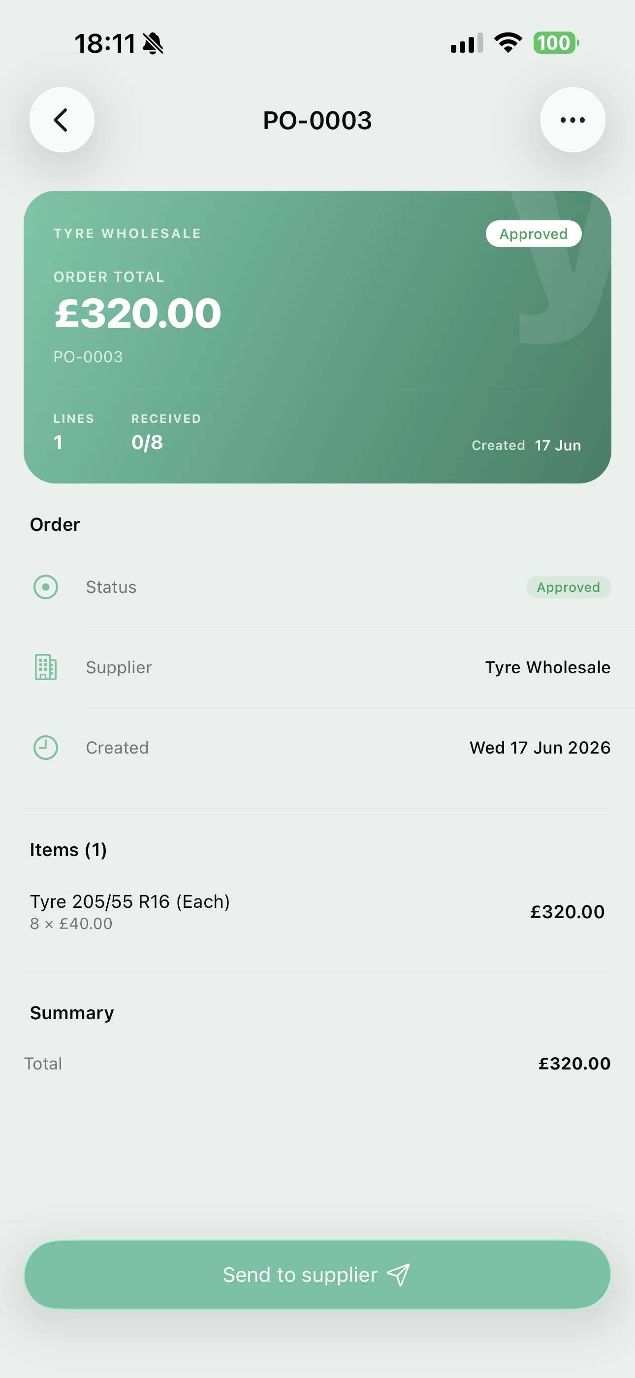 An approved purchase order on the Youzse mobile app for eight tyres at £320.00, none received yet, with a send to supplier button