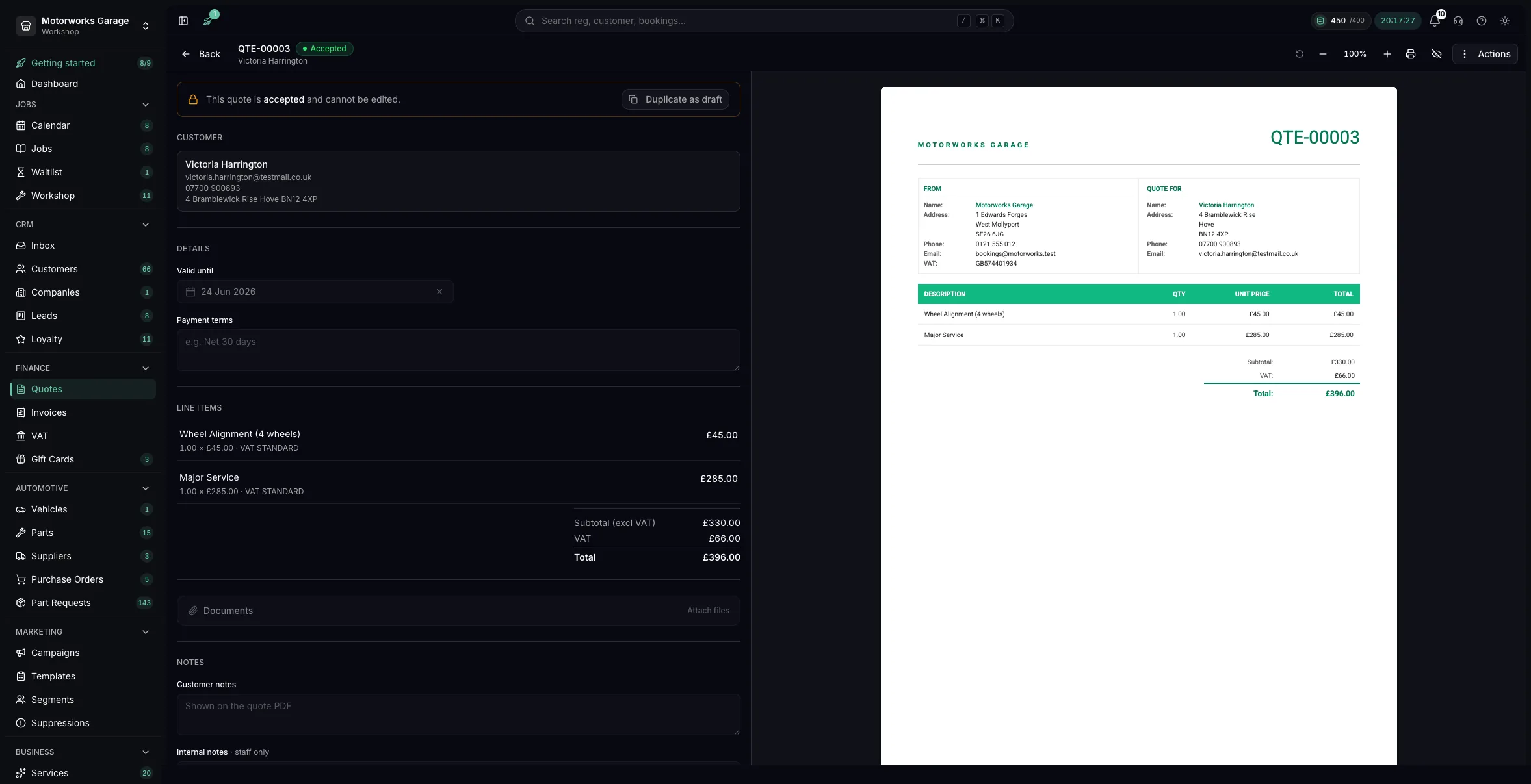 The Youzse quote builder with line items, VAT and a live preview of the PDF the customer receives