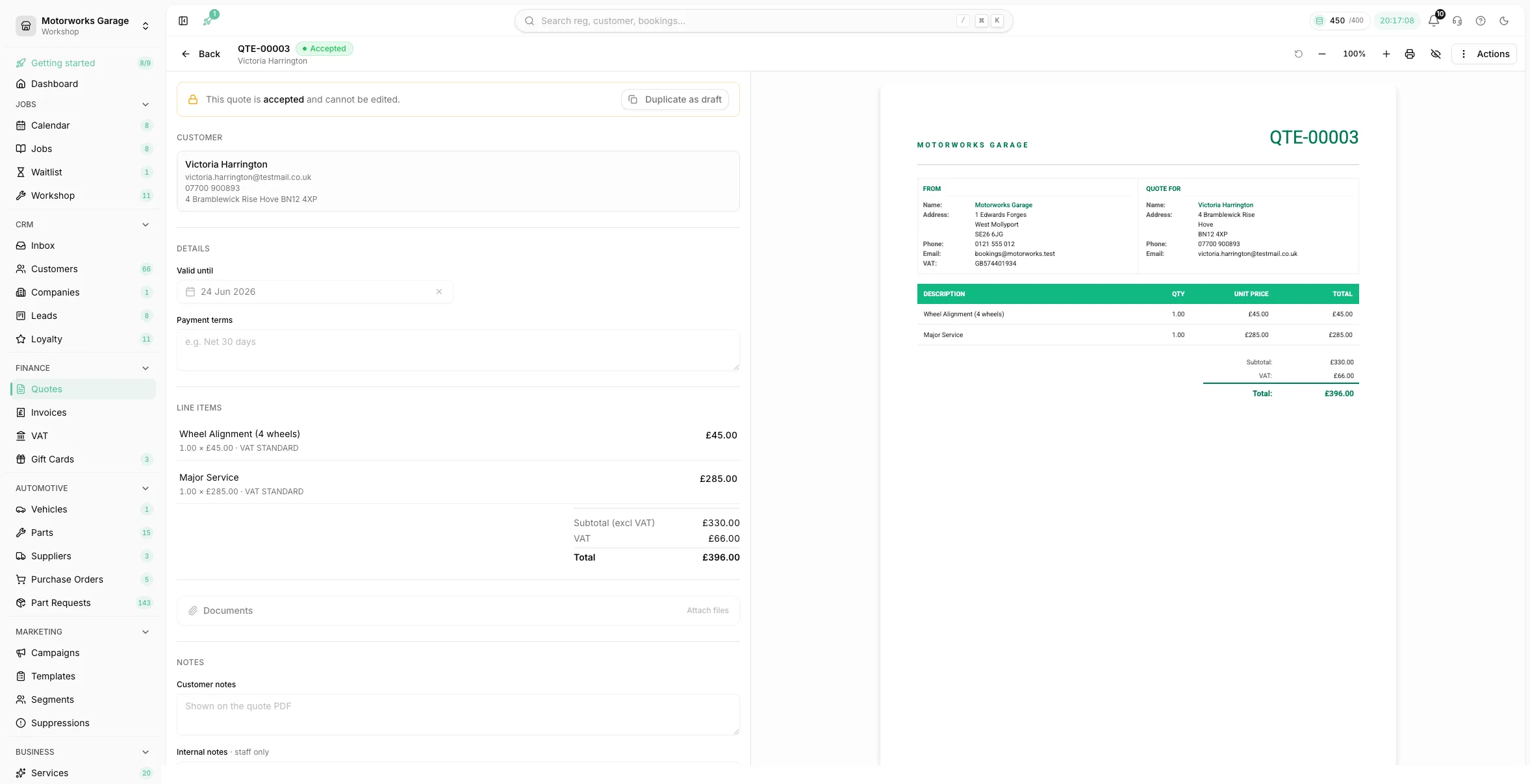 The Youzse quote builder with line items, VAT and a live preview of the PDF the customer receives
