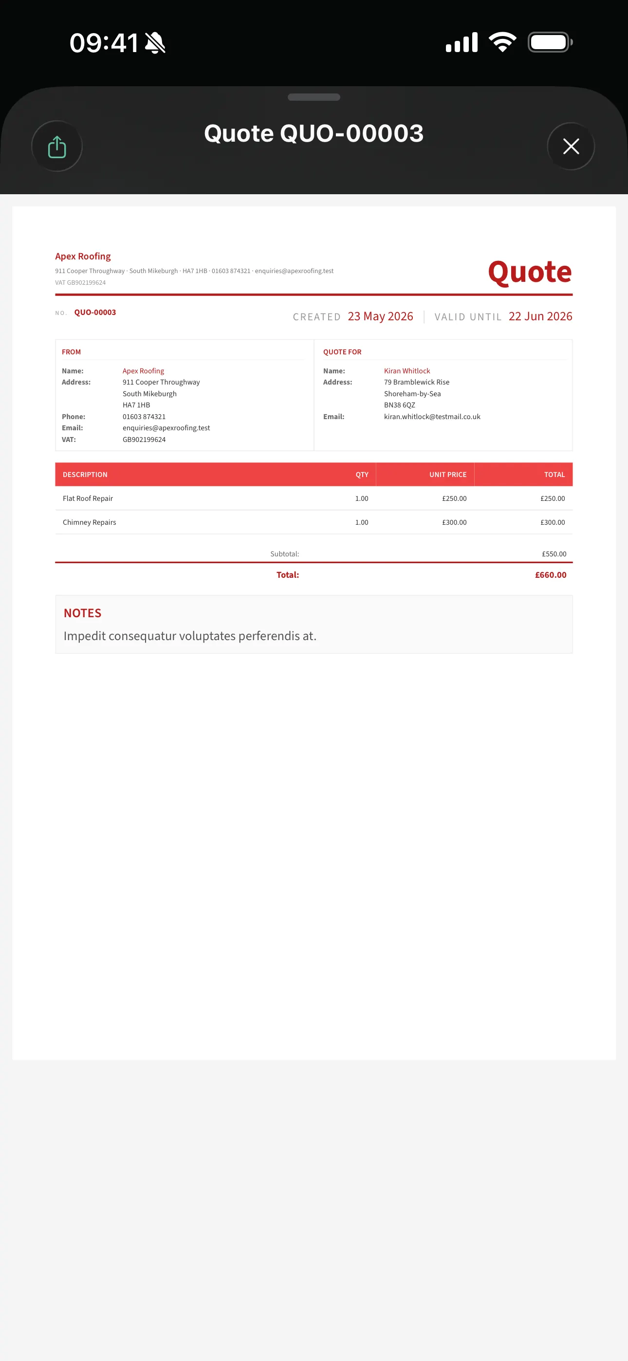 A branded quote PDF on the Youzse mobile app