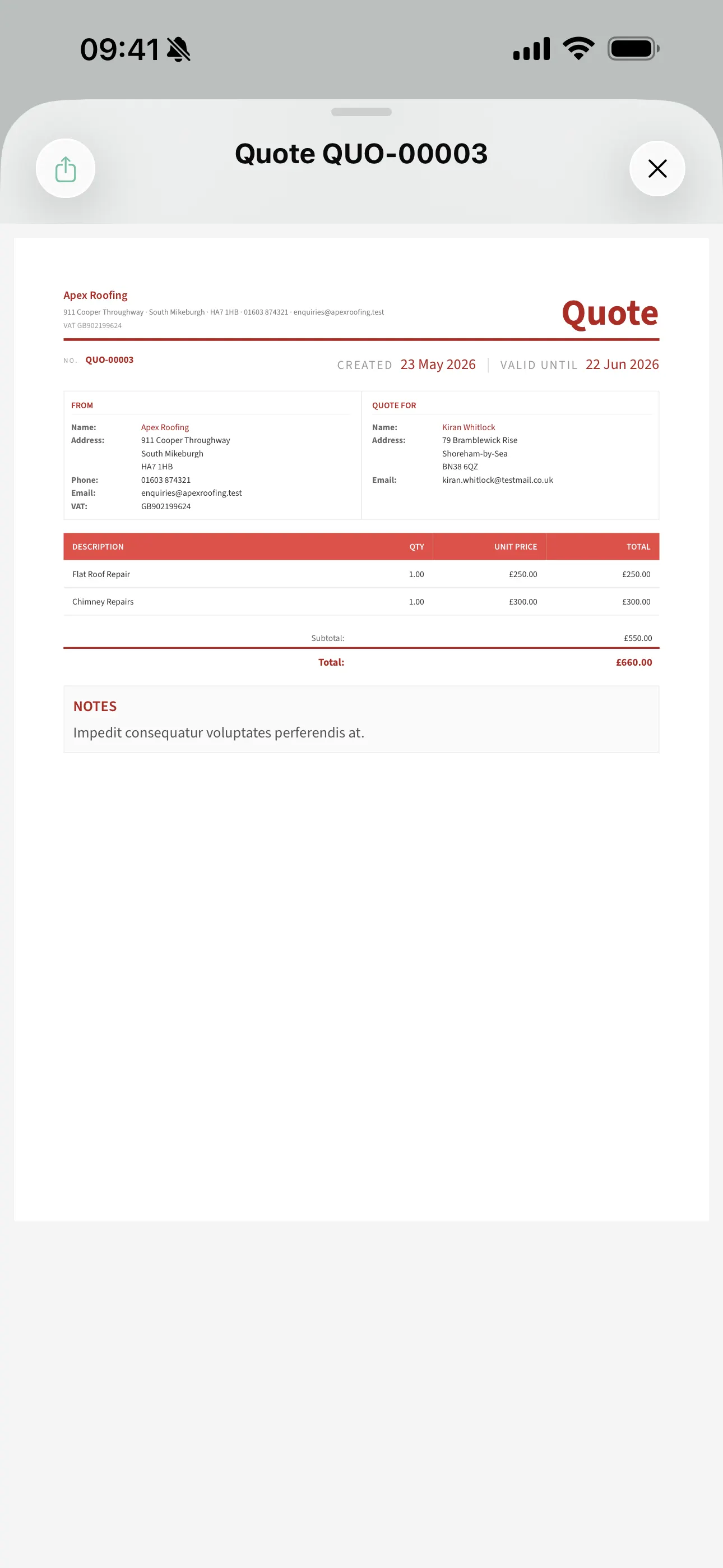 A branded quote PDF on the Youzse mobile app