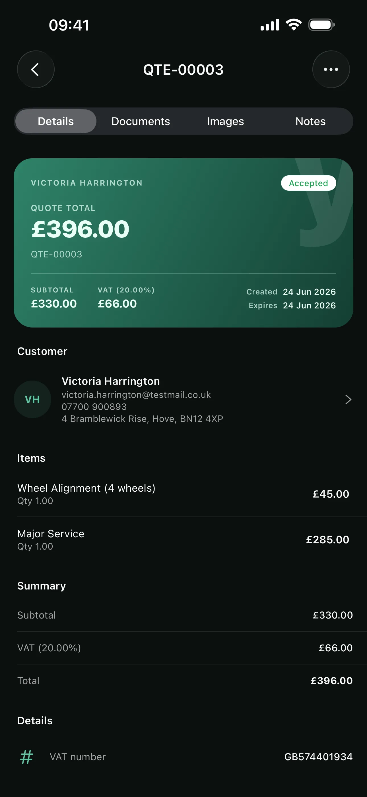 The same accepted quote on the Youzse mobile app, with the total, VAT and line items