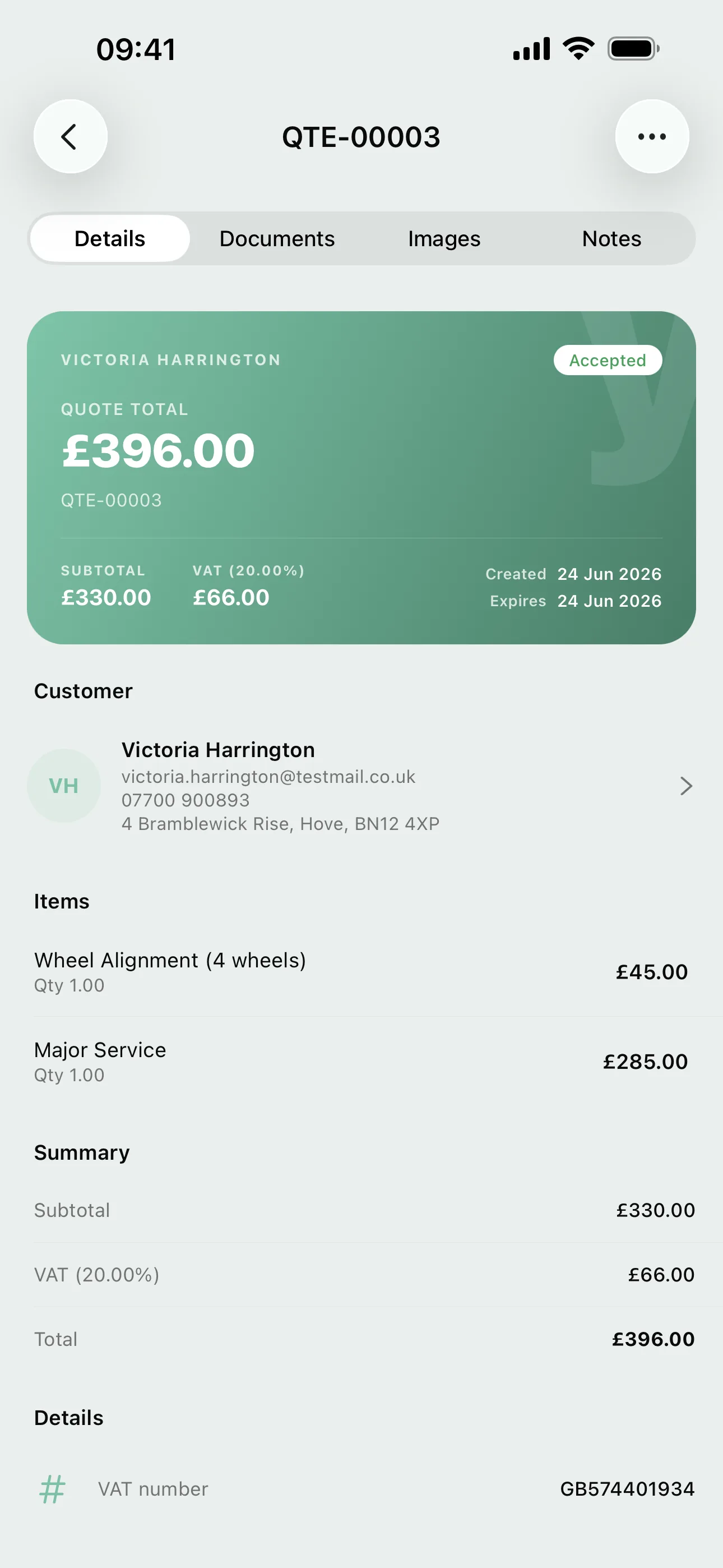 The same accepted quote on the Youzse mobile app, with the total, VAT and line items
