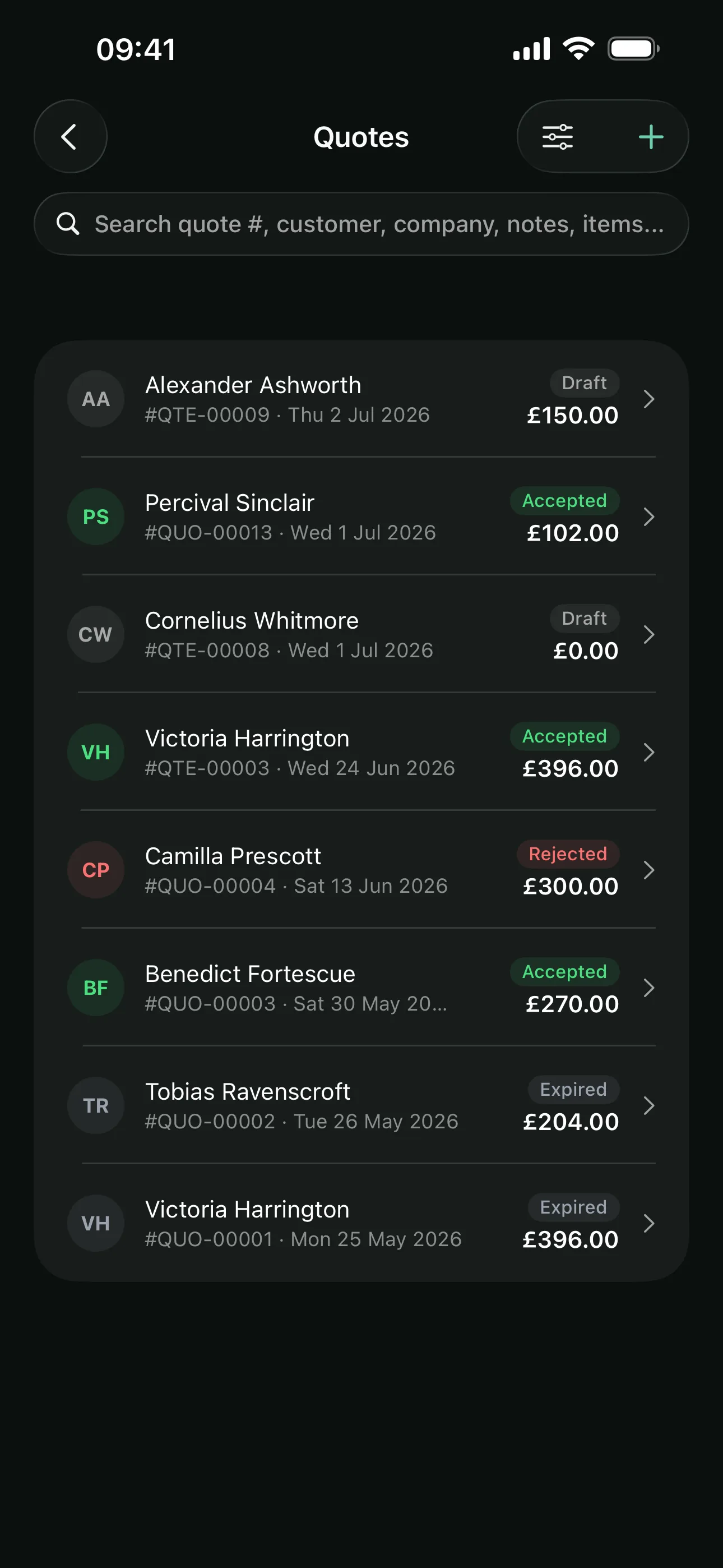 A garage's quotes on the Youzse mobile app, each showing its customer, value and whether it has been accepted