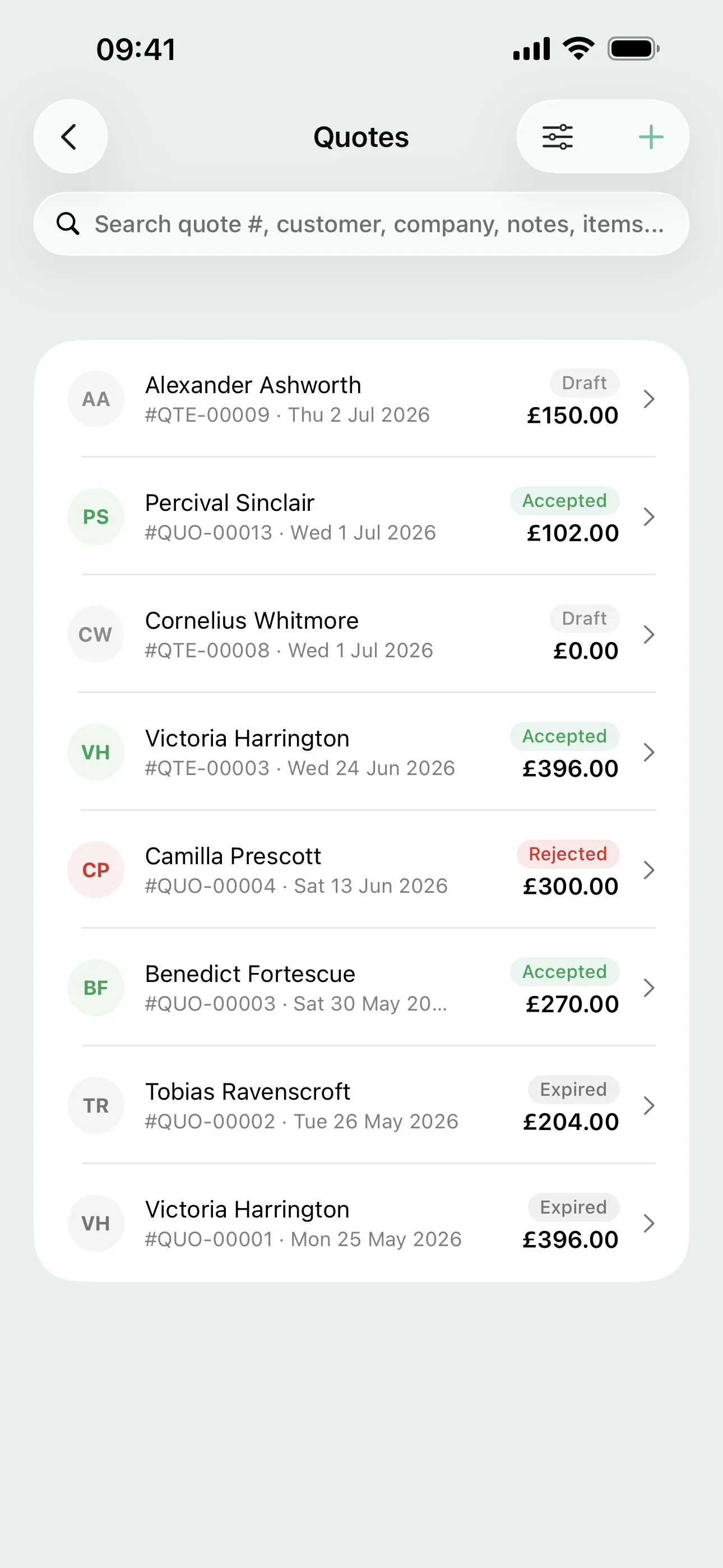 A garage's quotes on the Youzse mobile app, each showing its customer, value and whether it has been accepted