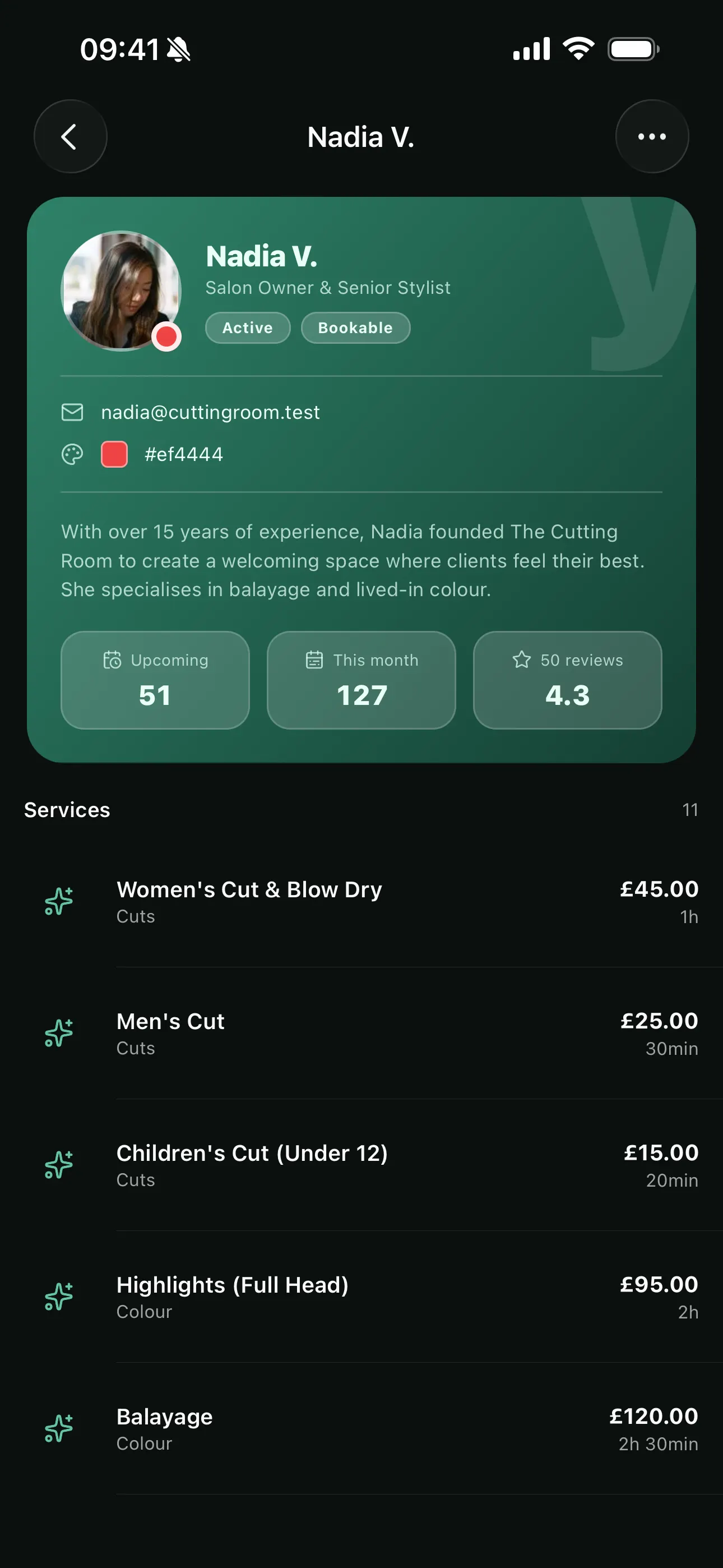 A staff profile and service list on the Youzse mobile app