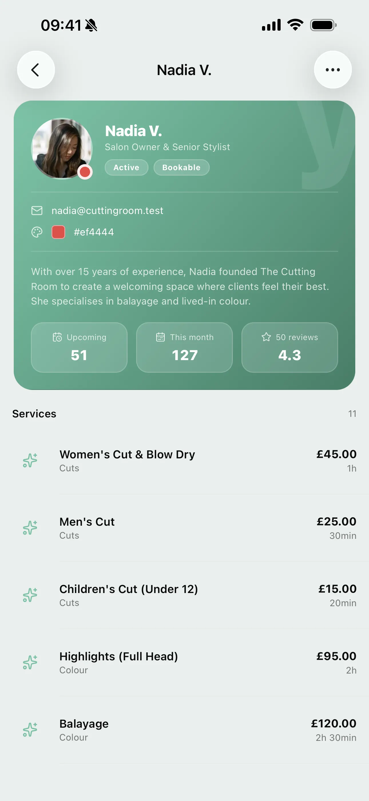 A staff profile and service list on the Youzse mobile app