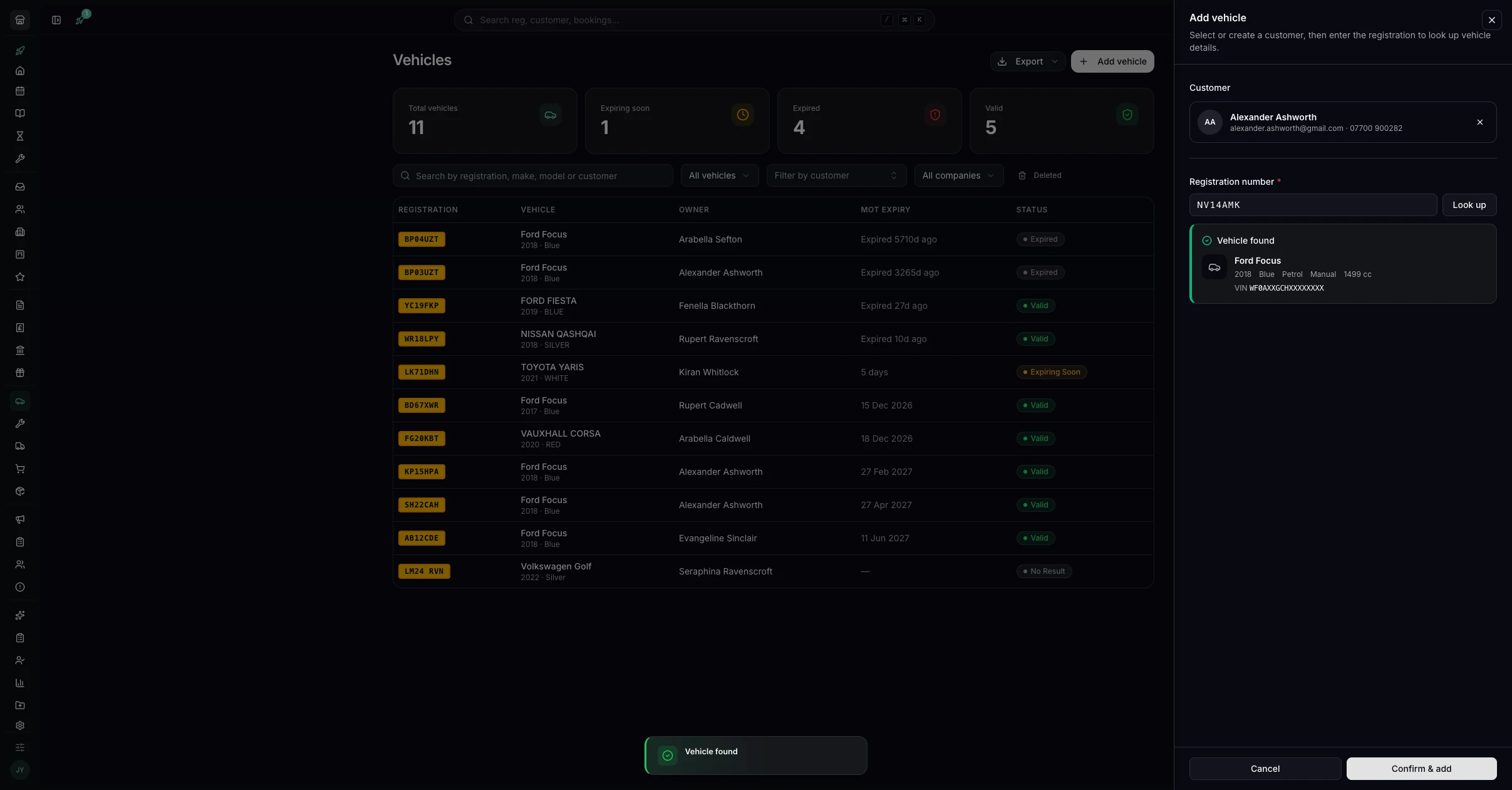 Adding a vehicle in Youzse: one reg lookup returns the make, model, year, fuel, transmission, engine size and VIN