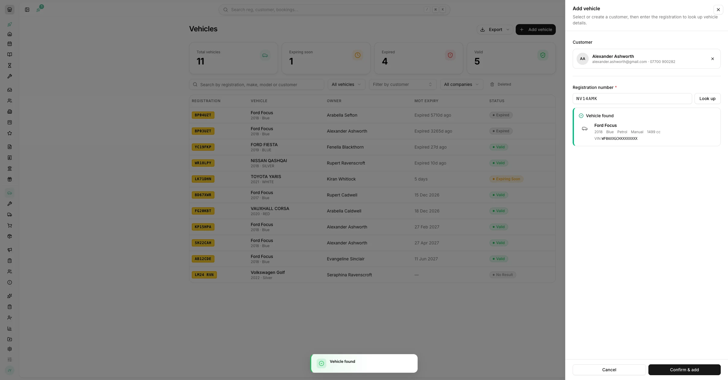 Adding a vehicle in Youzse: one reg lookup returns the make, model, year, fuel, transmission, engine size and VIN