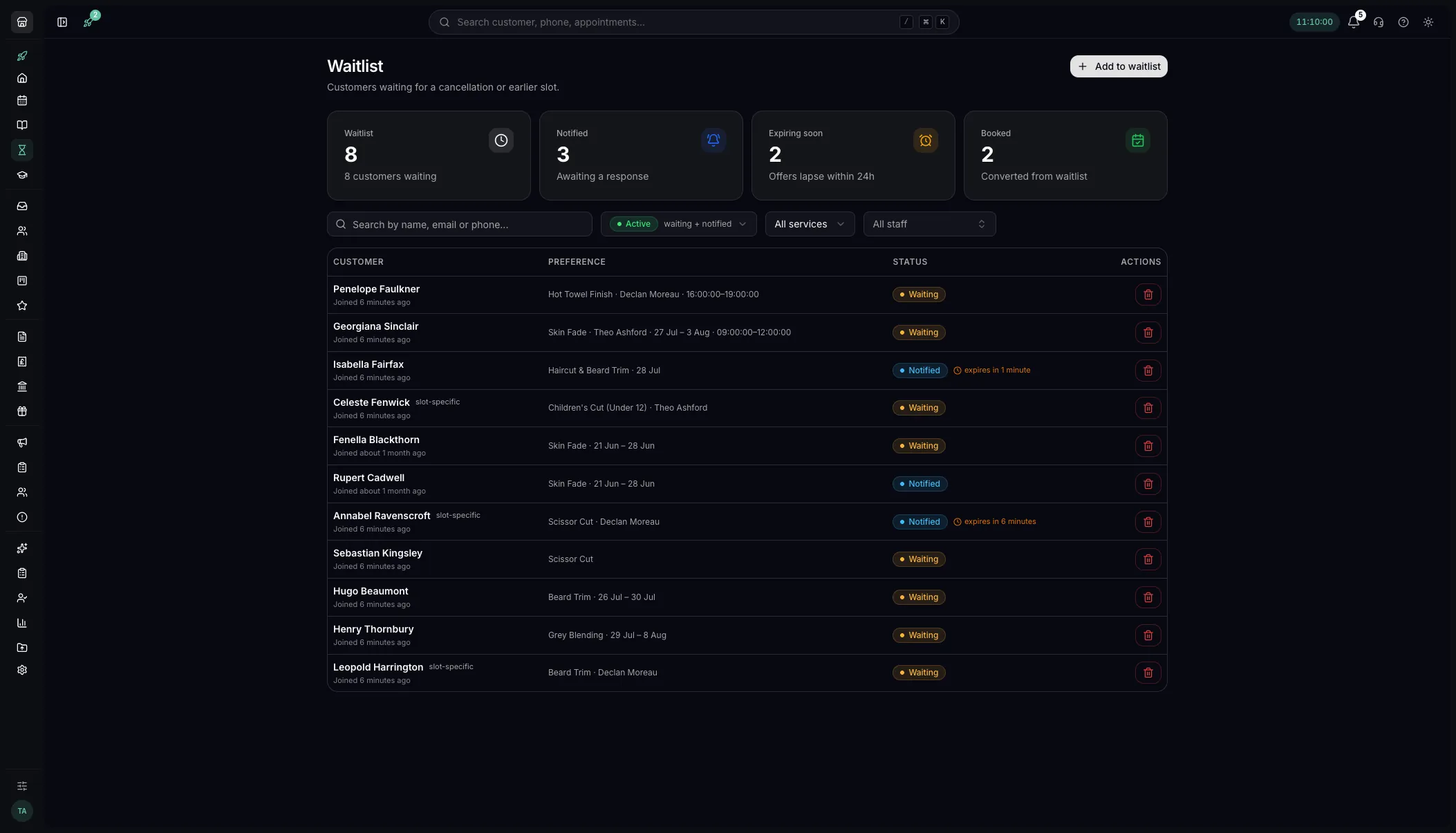 The walk-in and cancellation waitlist in Youzse