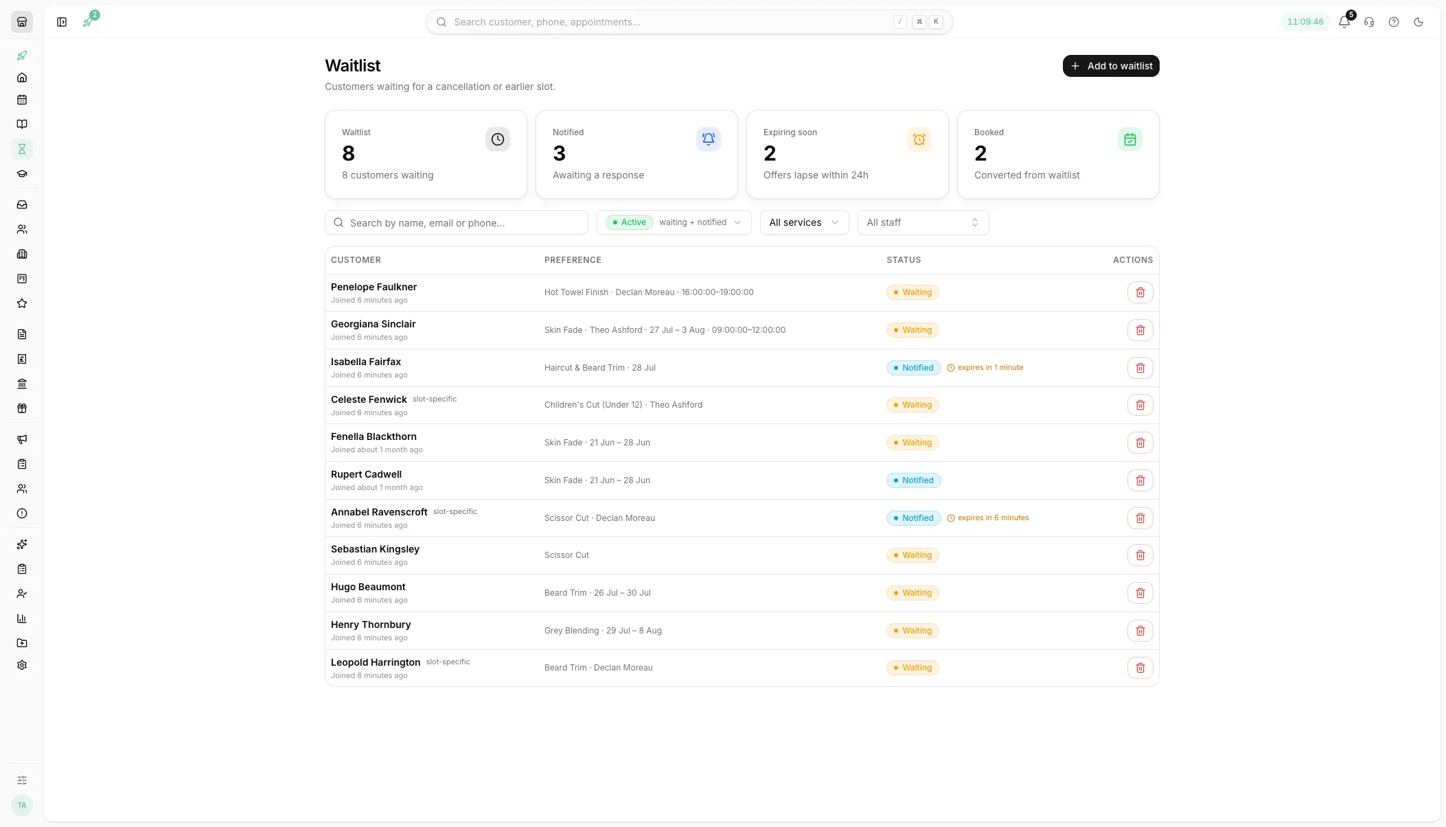 The walk-in and cancellation waitlist in Youzse