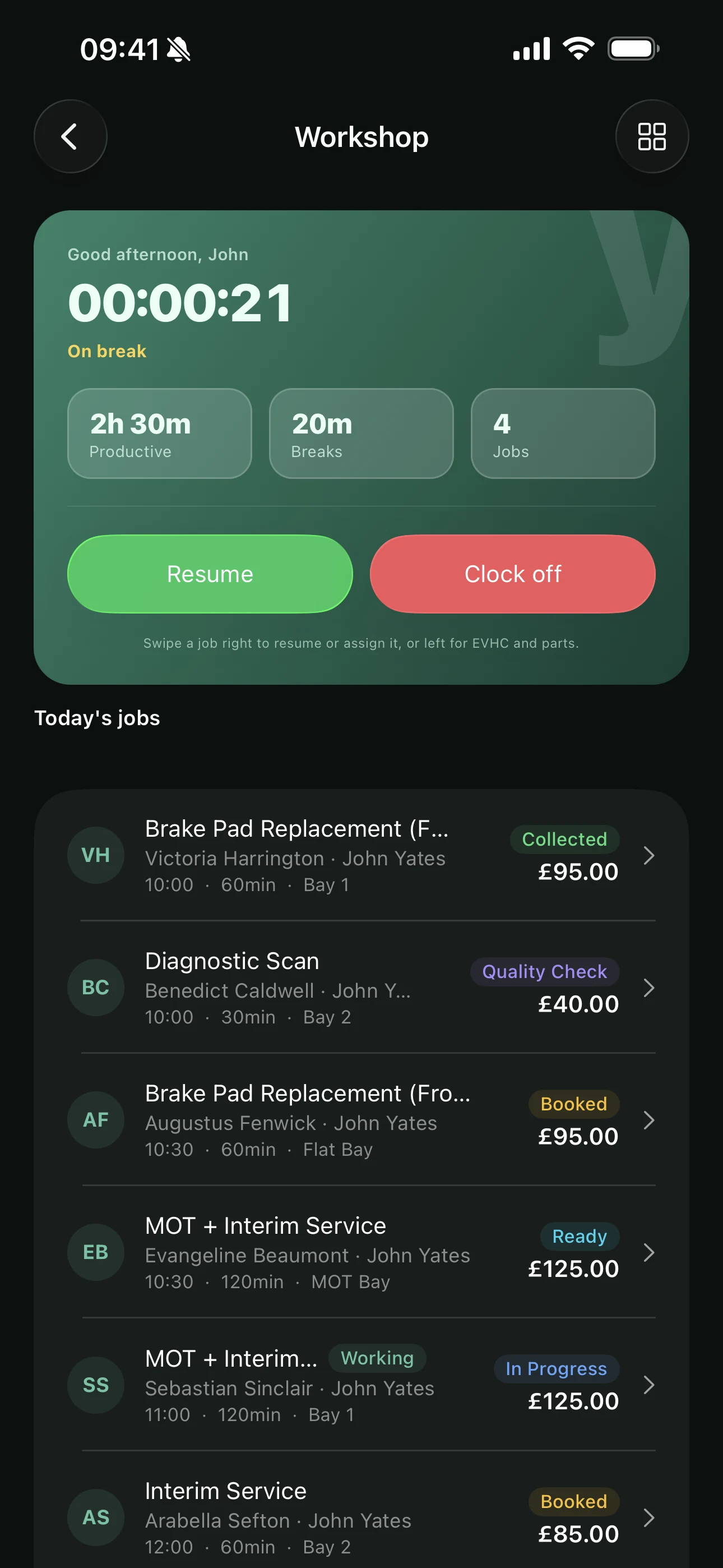 A mechanic clocked on to a job in the Youzse mobile app, with the live timer running