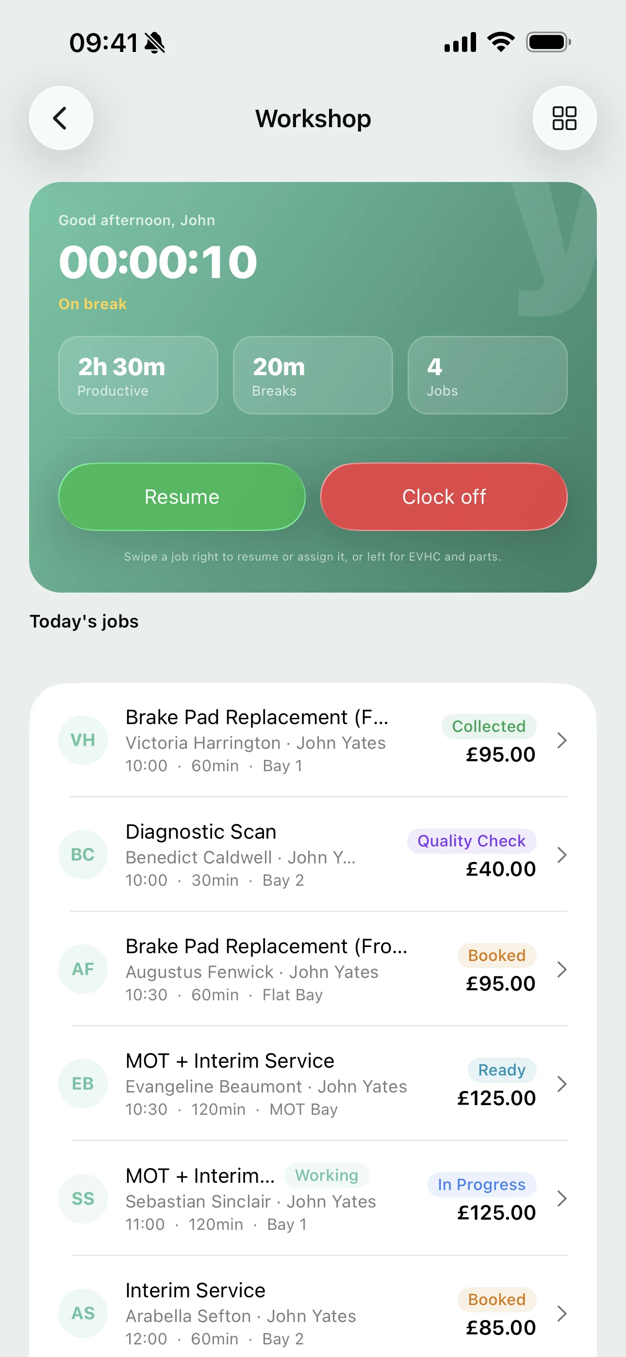 A mechanic clocked on to a job in the Youzse mobile app, with the live timer running